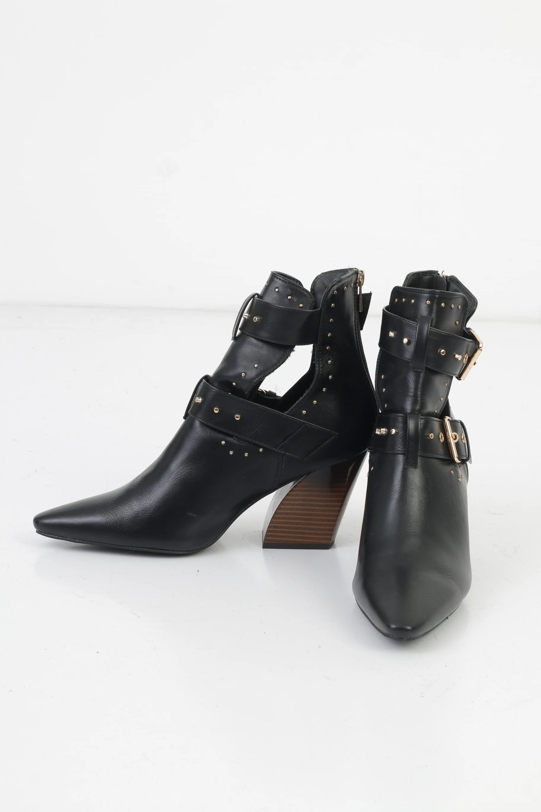 Truffle Collection Woman 40 Heeled Booties Black Buckles Back Zipper Shiny Leather Shoes - Image 3