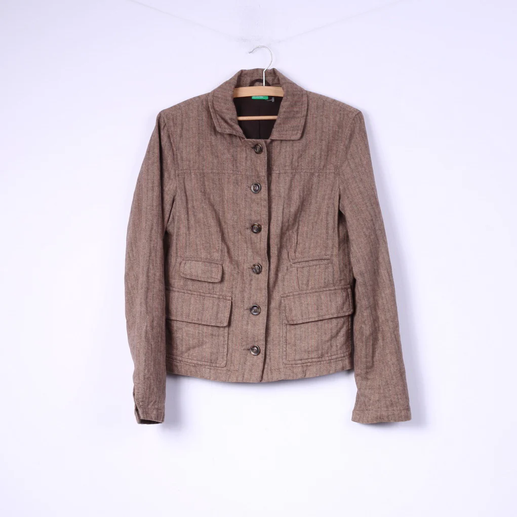 United Colors Of Benetton Womens 44 M Blazer Brown Herringbone Cotton Linen Blend Top
