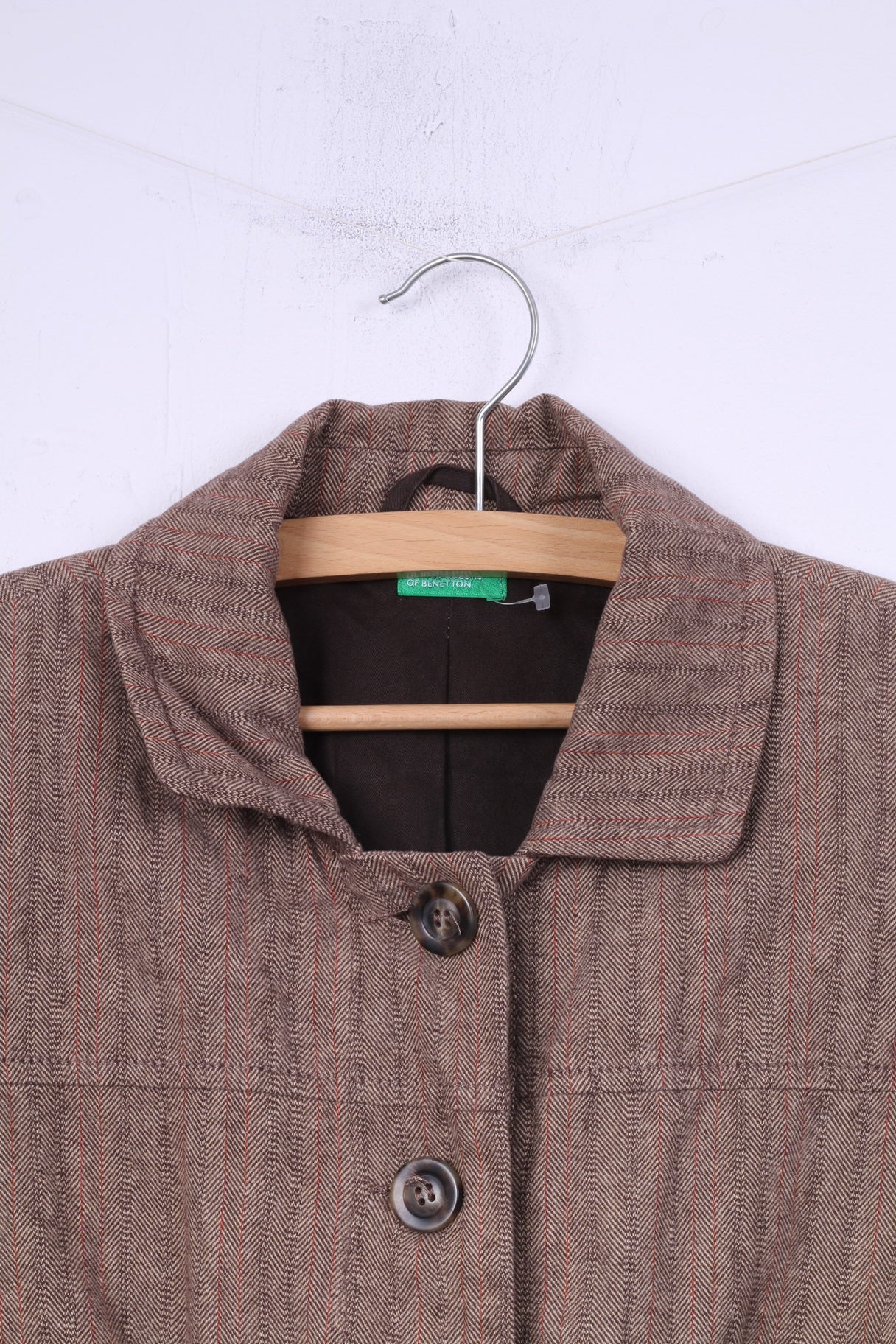 United Colors Of Benetton Womens 44 M Blazer Brown Herringbone Cotton Linen Blend Top - Image 2