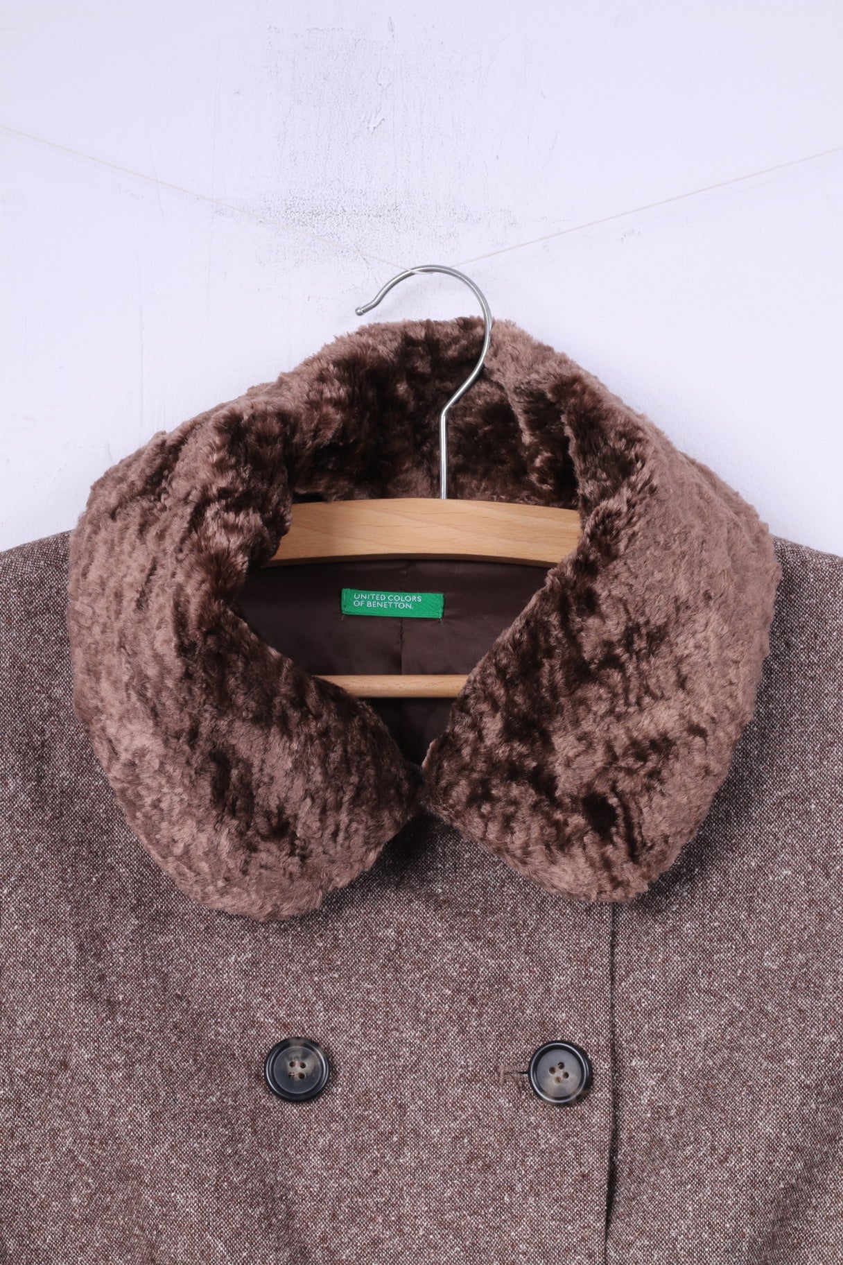 United Colors Of Benetton Womens 44 M Jacket Brown Wool Fur Collar Double Breasted Blazer - Image 2