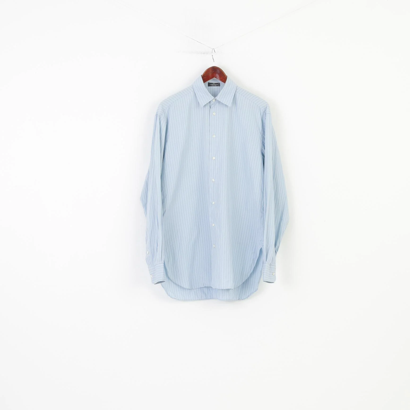 Valentino Men 39 15 1/2 L Casual Shirt Blue Striped Long Sleeve Cotton Italy Top