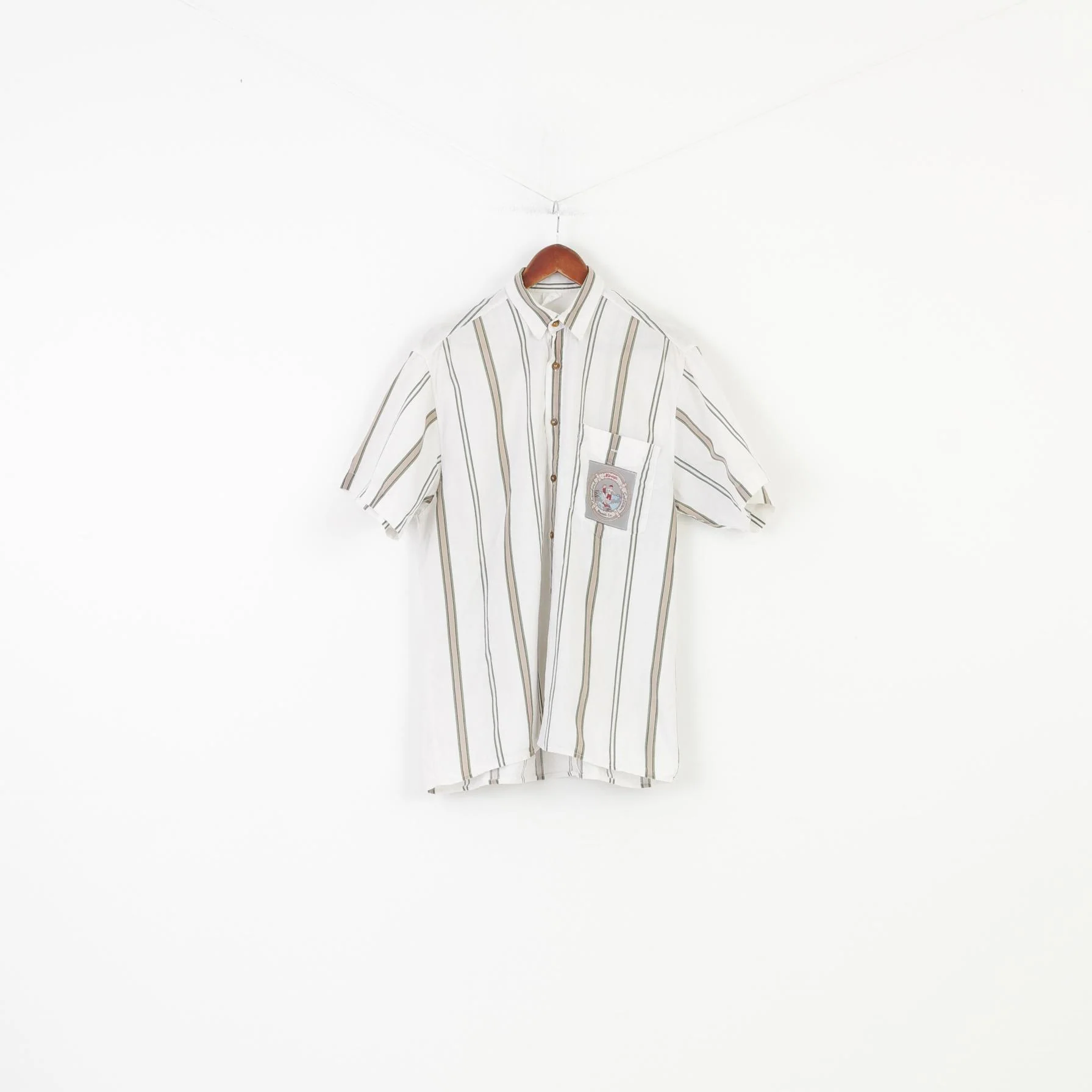 Vintage 37/38 M Men Casual Shirt Hawaii Striped White Cotton Short Sleeve Sportwear Collar Summer Top