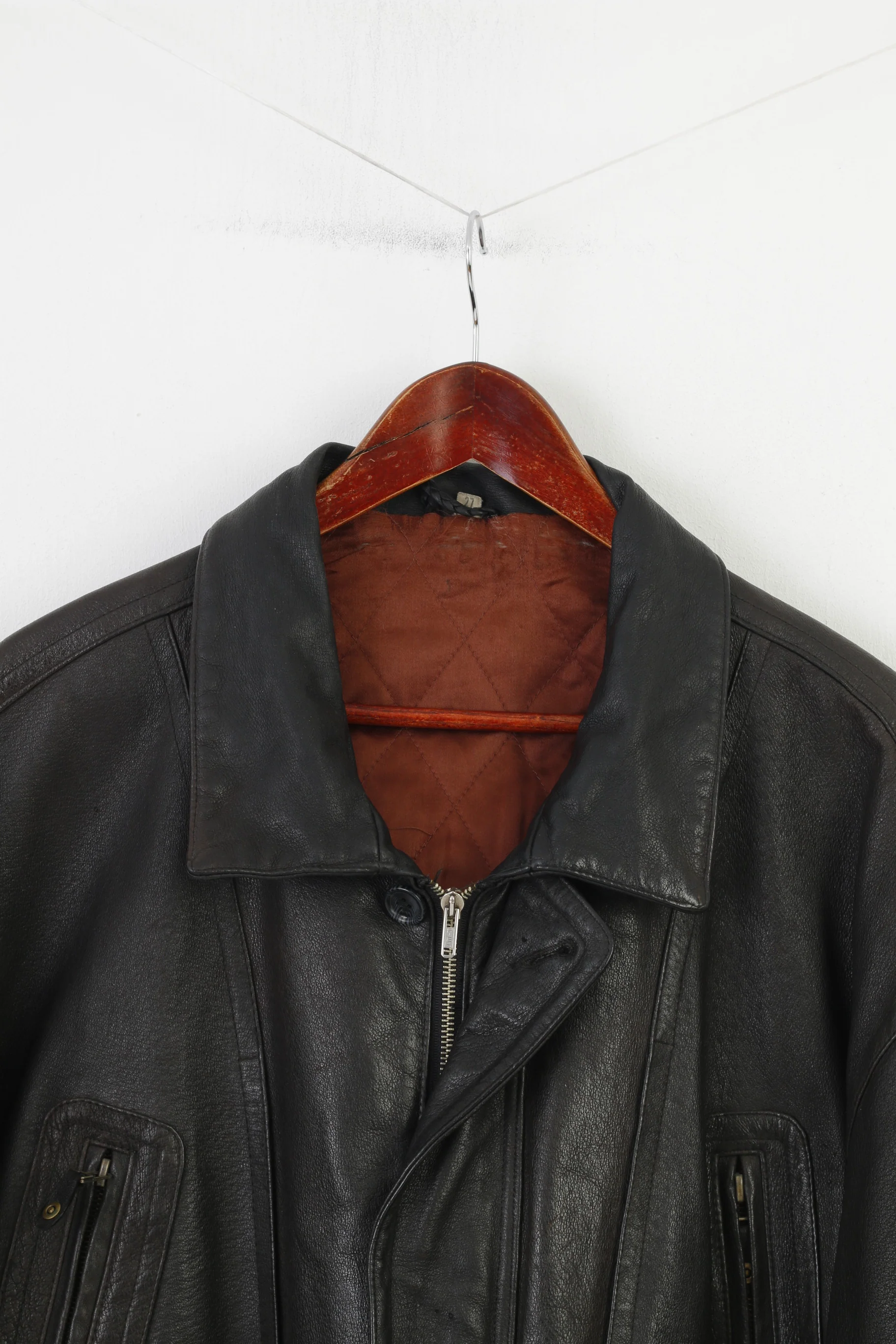 Vintage Men 27 XXL Leather Jacket Dark Brown Vintage Biker Full Zipper Pockets Outwear Top - Image 2