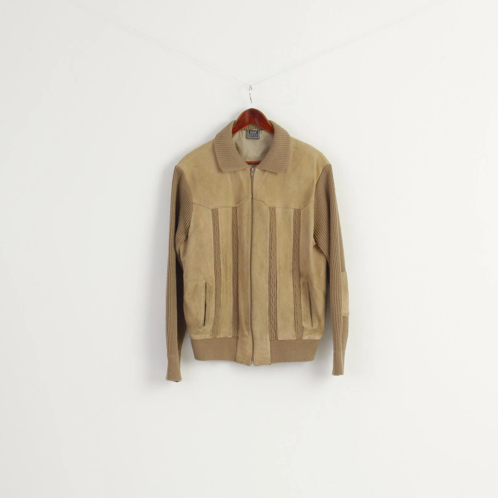 Vintage Men 46 S/M Jacket Beige Suede Leather Knitted Zip Up Retro Classic Korea Top - Image 2