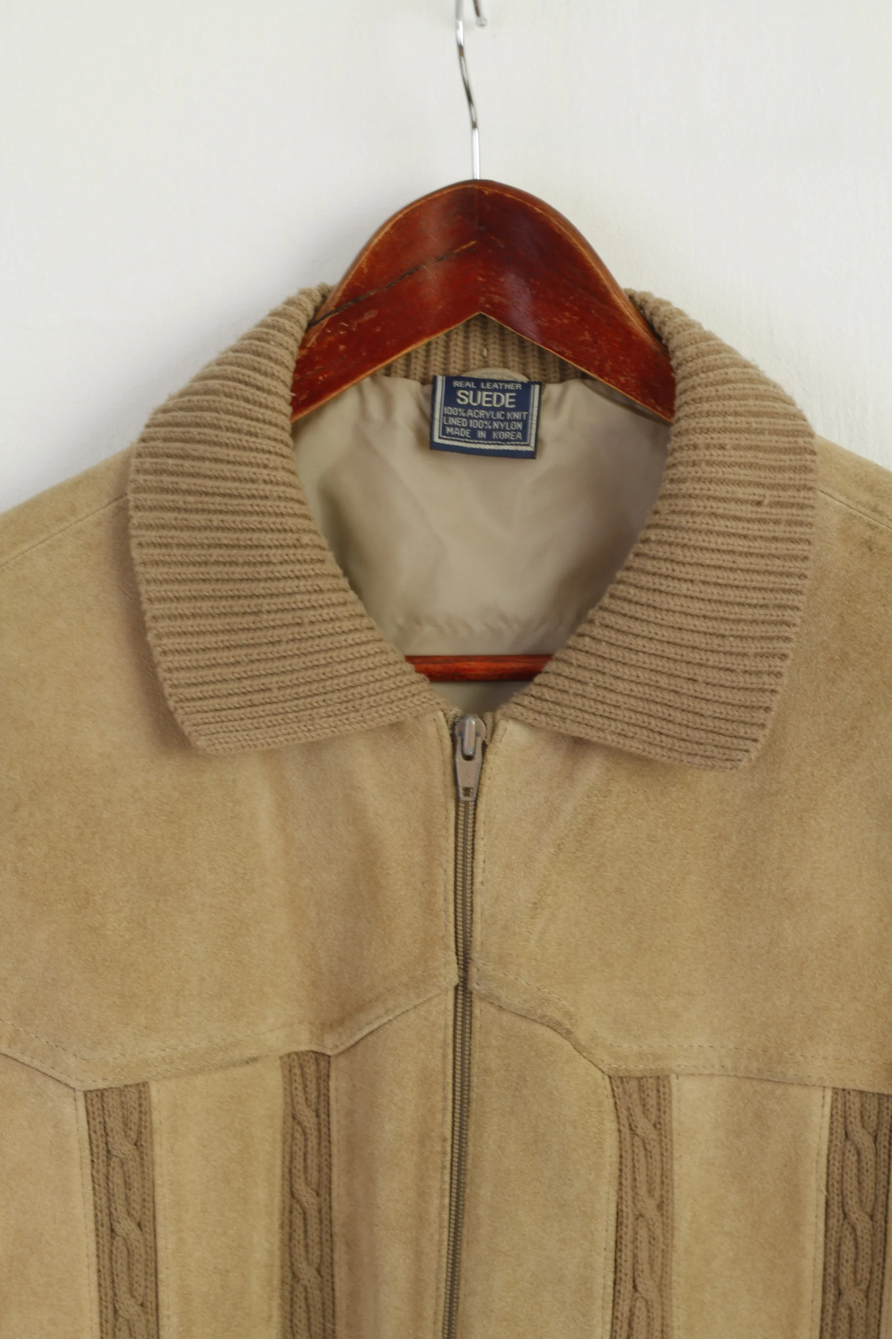 Vintage Men 46 S/M Jacket Beige Suede Leather Knitted Zip Up Retro Classic Korea Top - Image 3