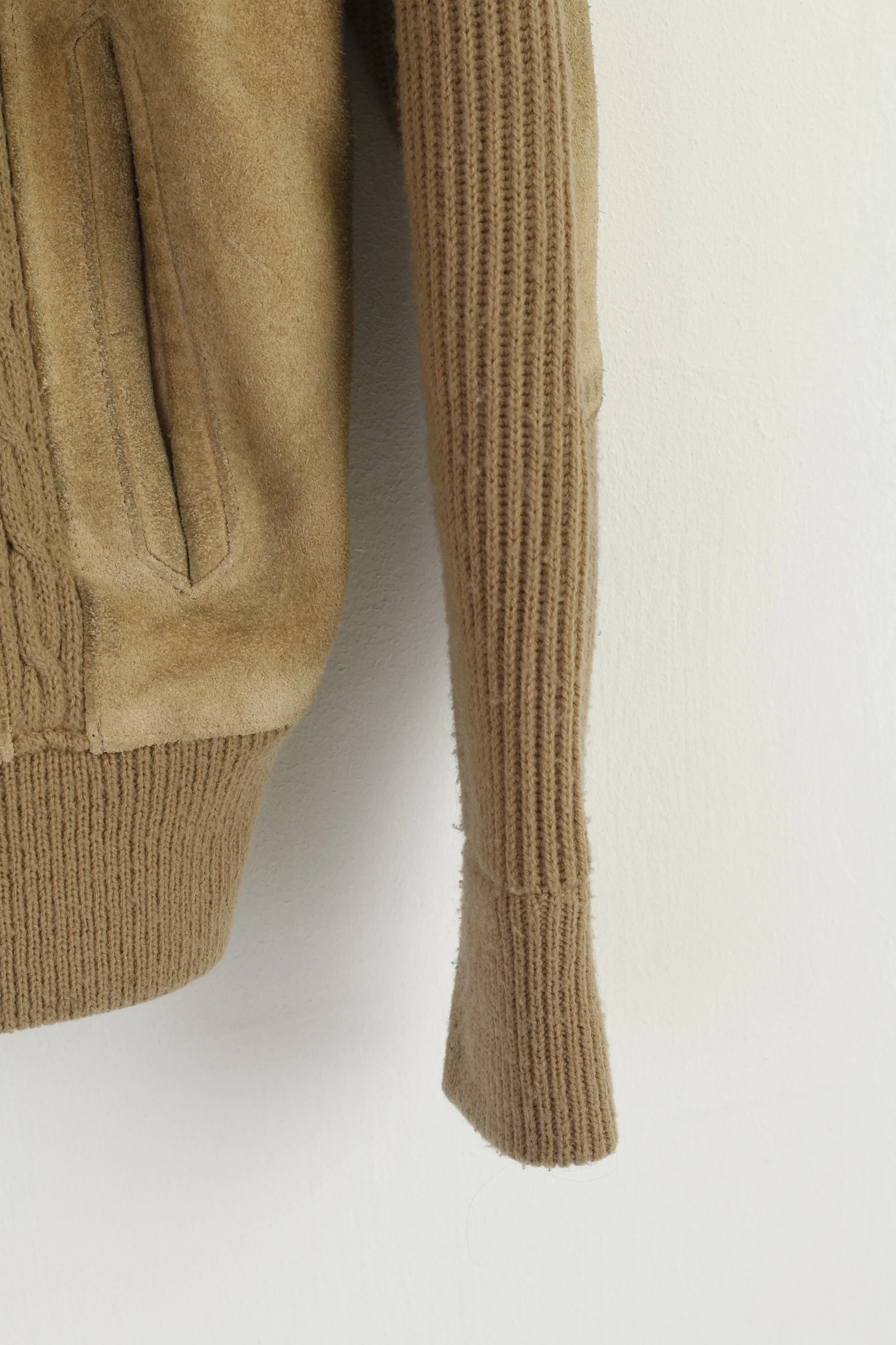 Vintage Men 46 S/M Jacket Beige Suede Leather Knitted Zip Up Retro Classic Korea Top - Image 4