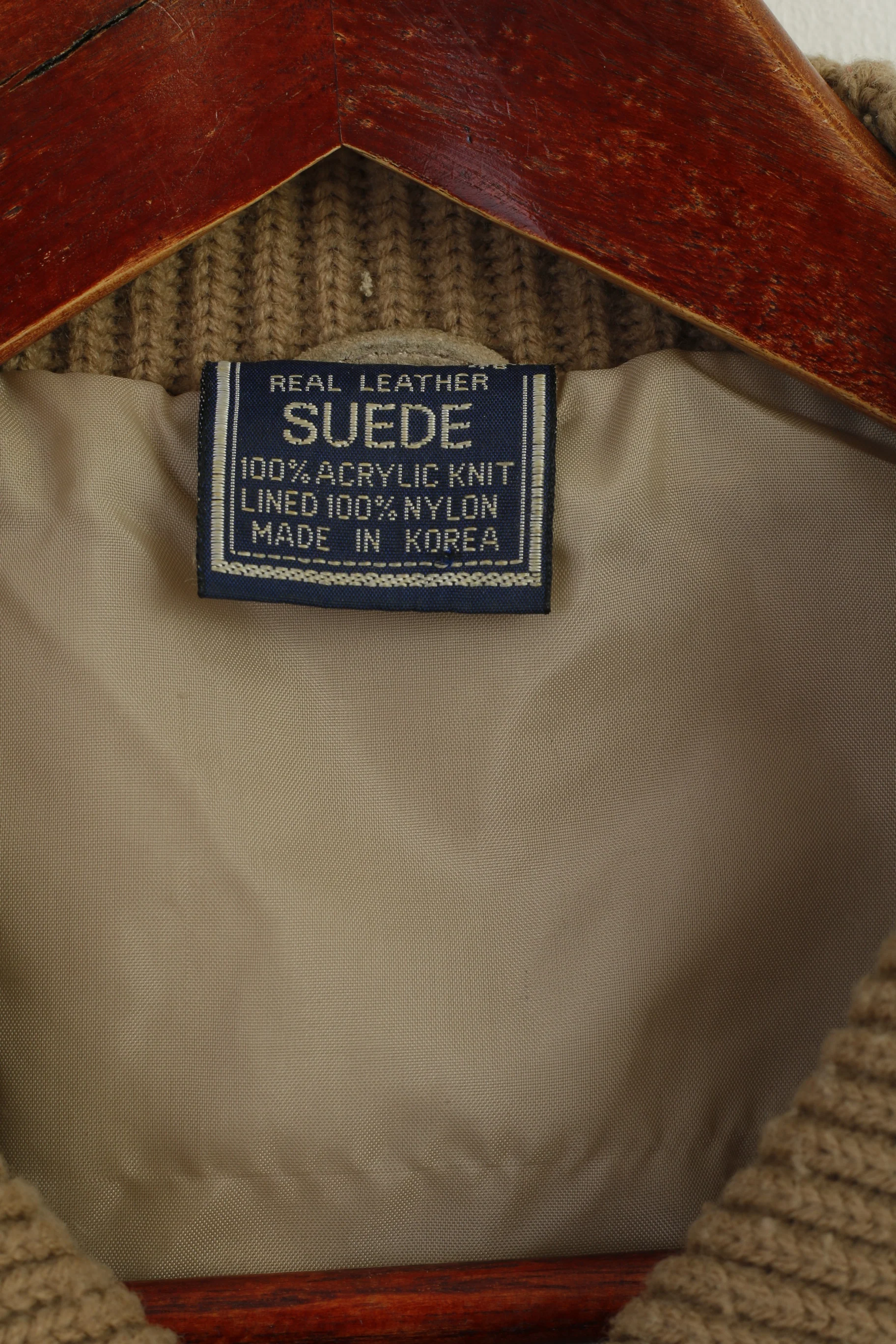 Vintage Men 46 S/M Jacket Beige Suede Leather Knitted Zip Up Retro Classic Korea Top - Image 5