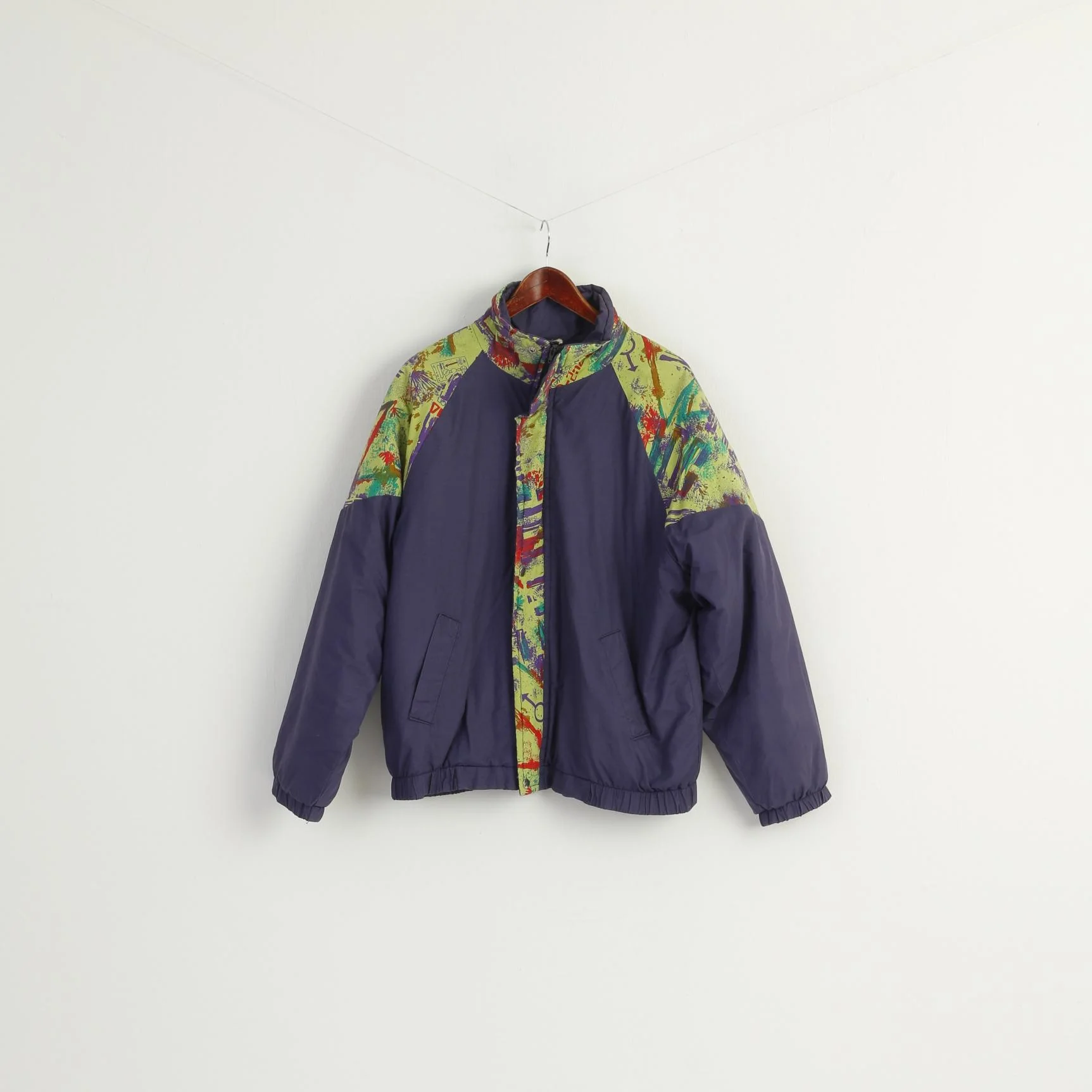 Vintage Men L Bomber Jacket Purple Full Zipper Padded Warm Retro Top - Image 2