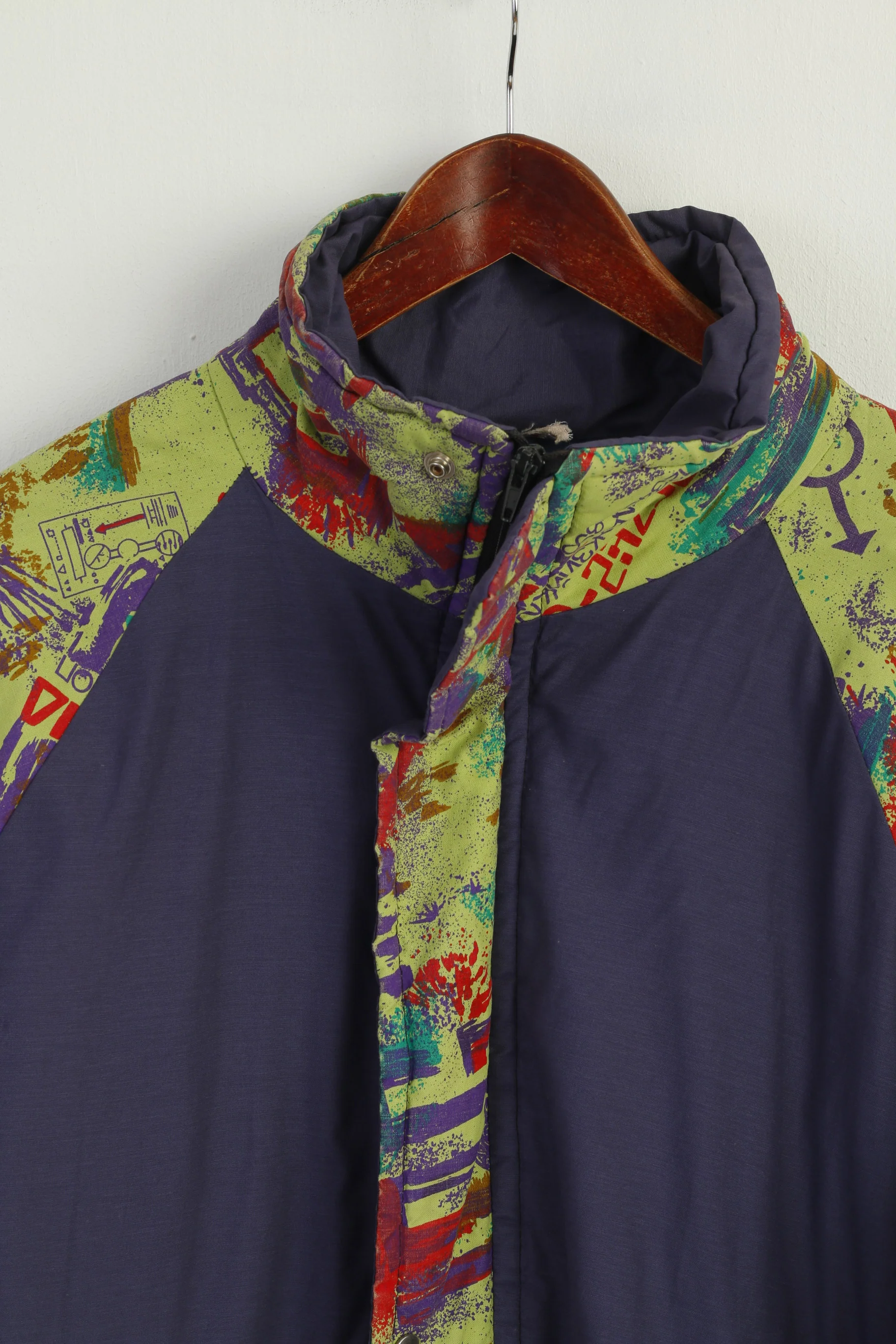 Vintage Men L Bomber Jacket Purple Full Zipper Padded Warm Retro Top - Image 3