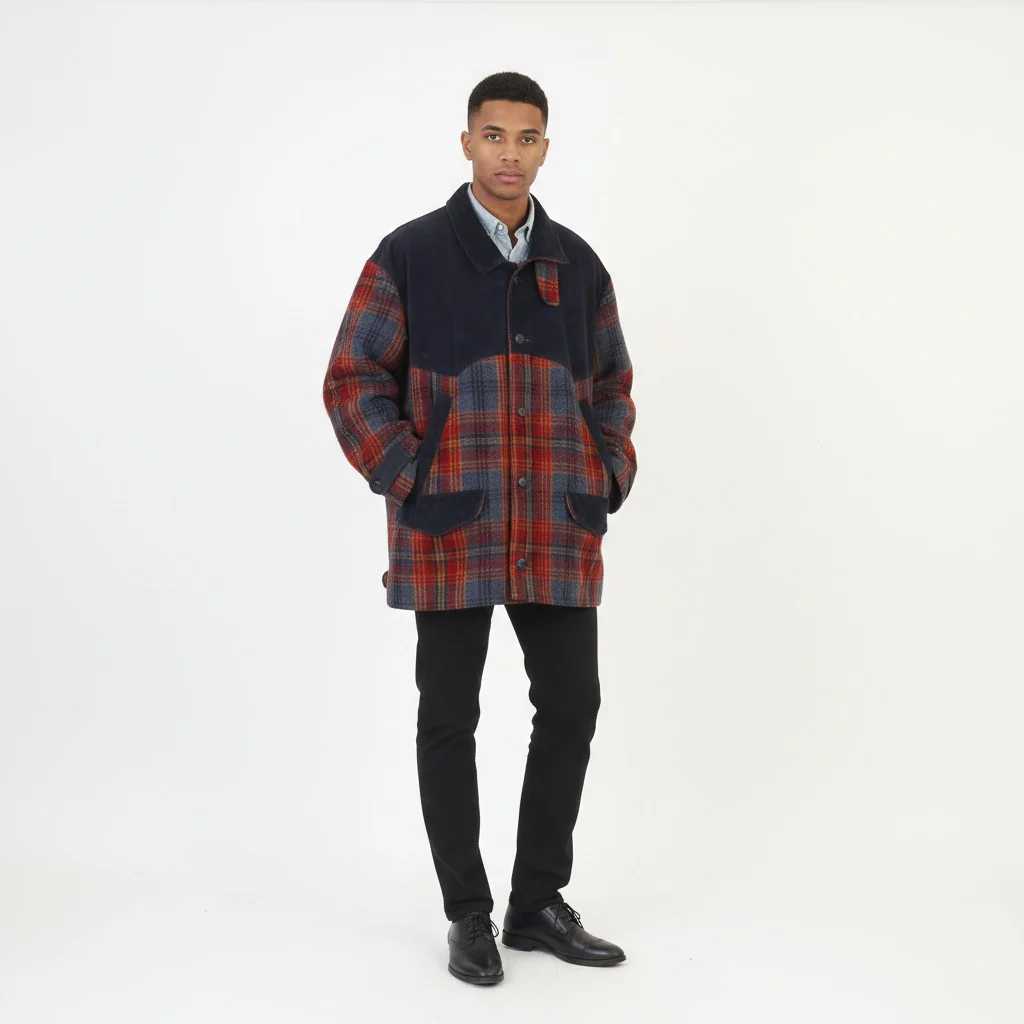 Vintage Men L Jacket Wool Checkered Navy Blue Bottoms Padded Collar Long Sleeve Pockets Top