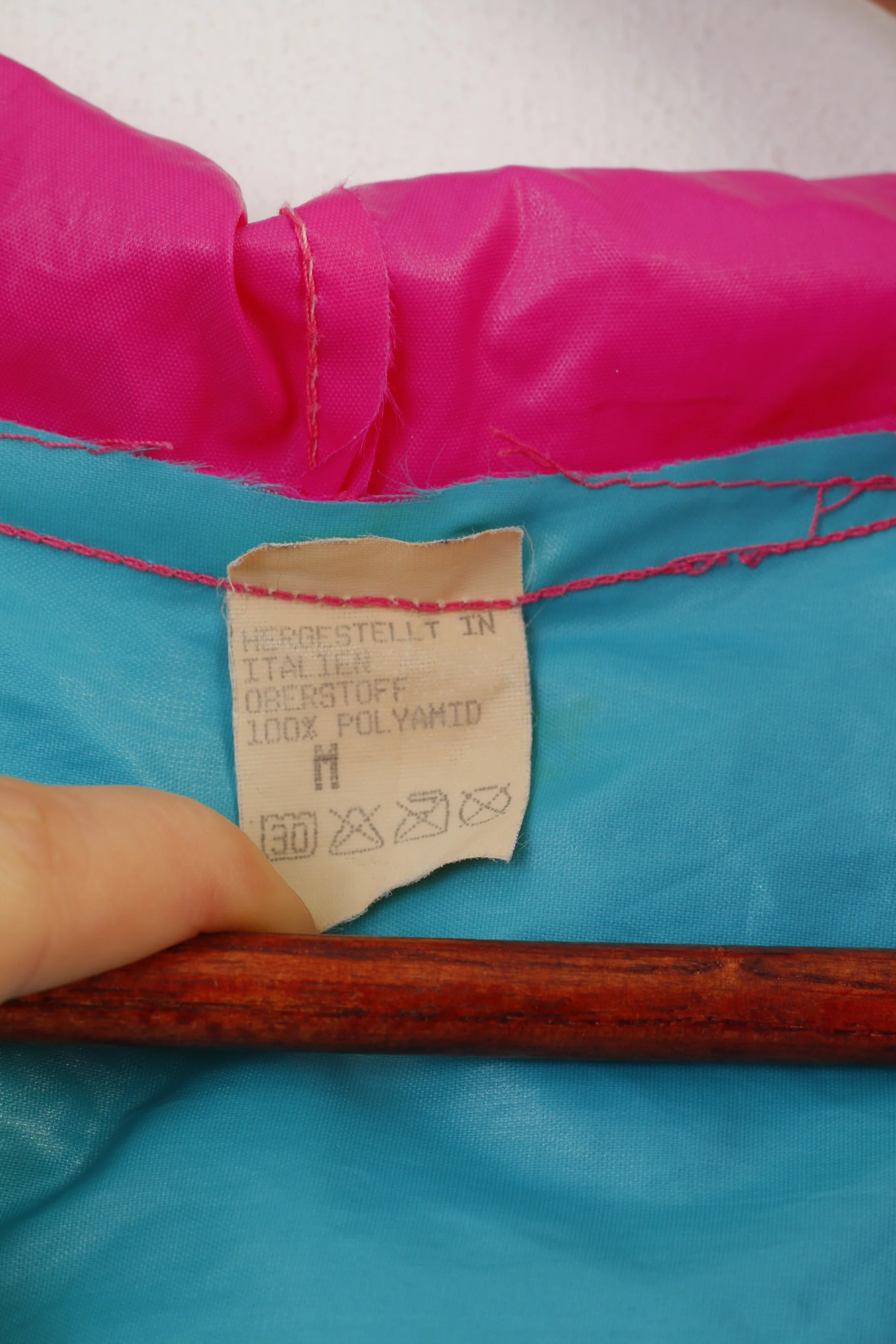 Vintage Men M Jacket Nylon Raincoat Blue Pink Full Zipper Hood Watercoat  Top - Image 4