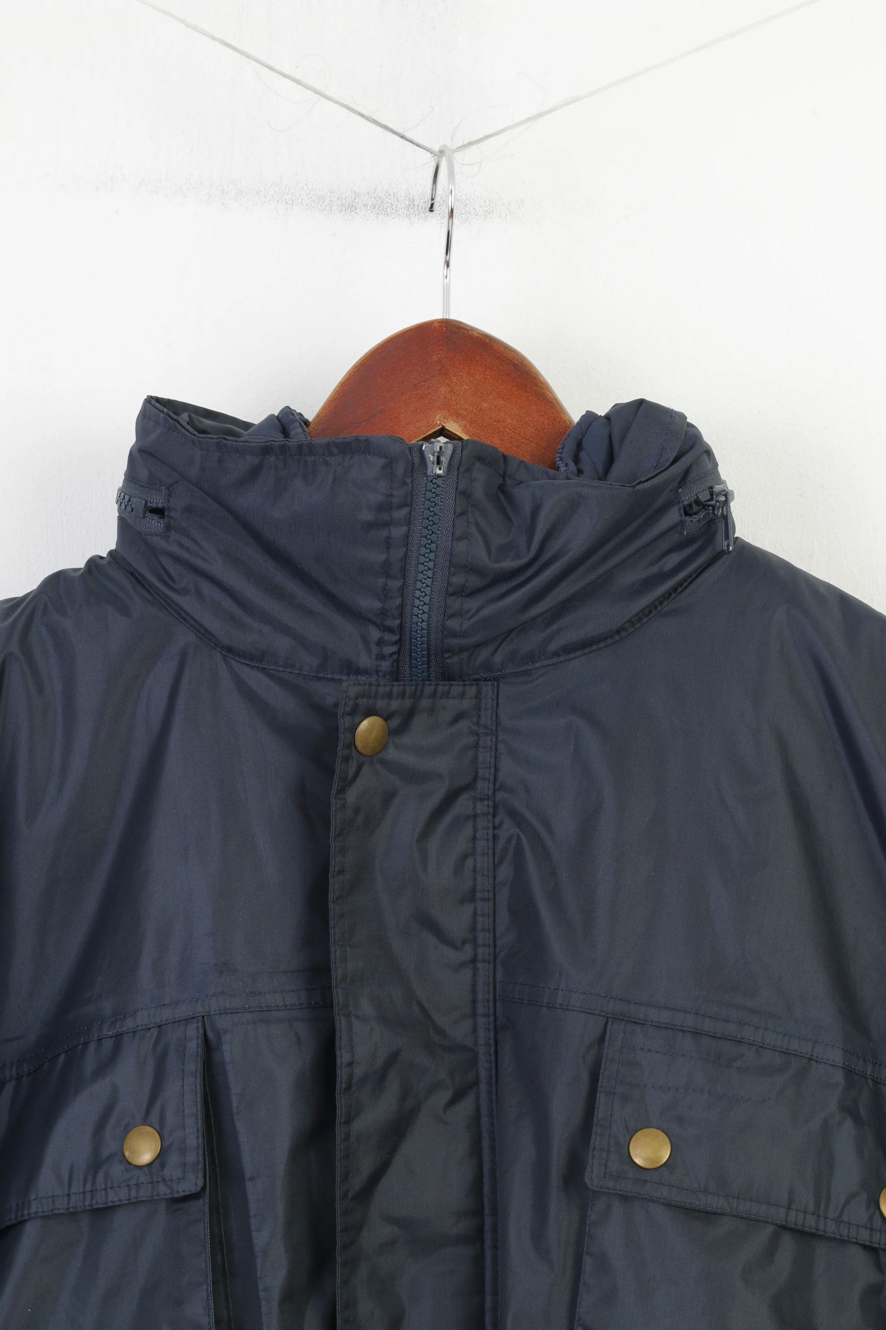 Vintage Men XL Jacket Navy Padded Full Zipper Hood Pockets Vintage Nylon Top - Image 2