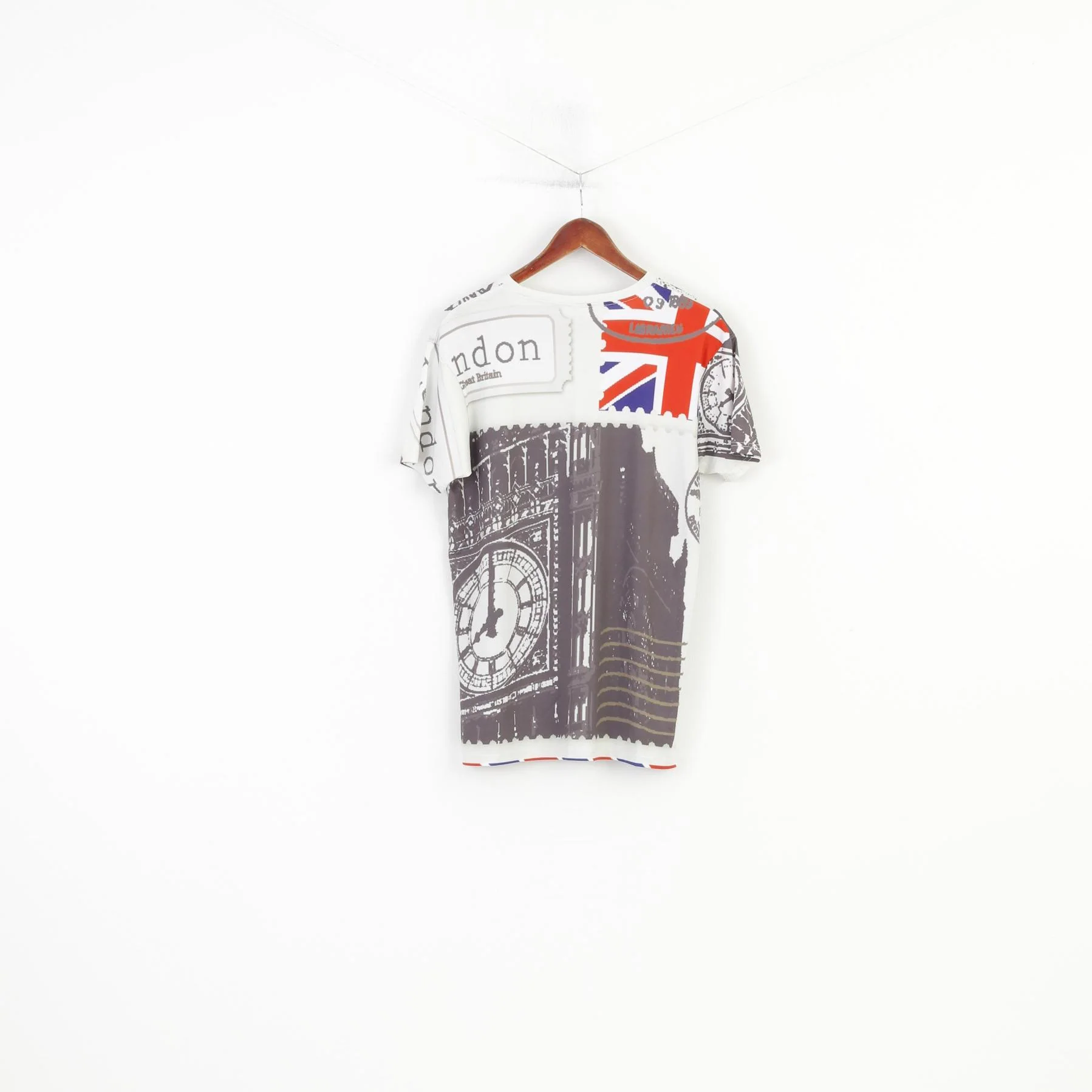 Vintage Men XL Shirt Stretch Beige London Stamp Graphic Jersey Fit England Vintage Top - Image 5