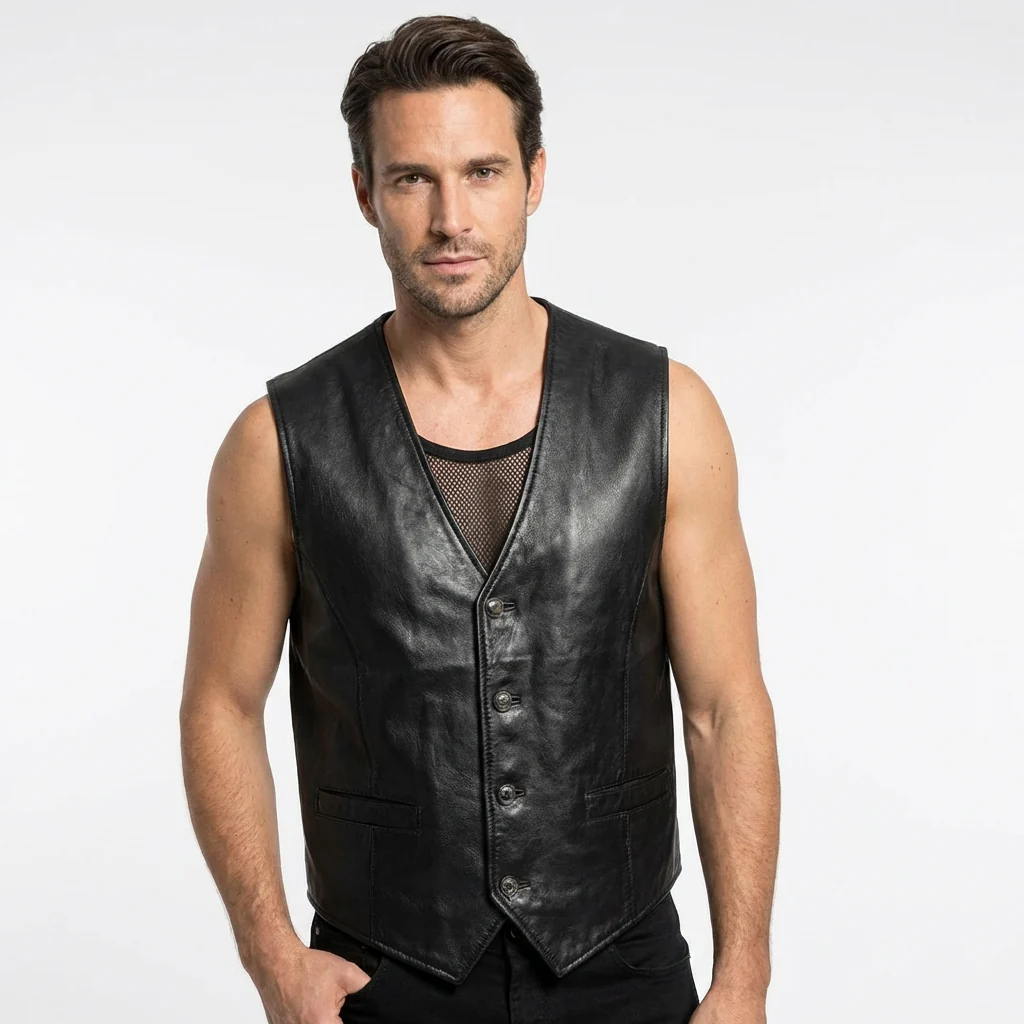 Vintage Men XL Waistcoat Black Soft Leather Detailed Buttons Casual Vest - Image 2