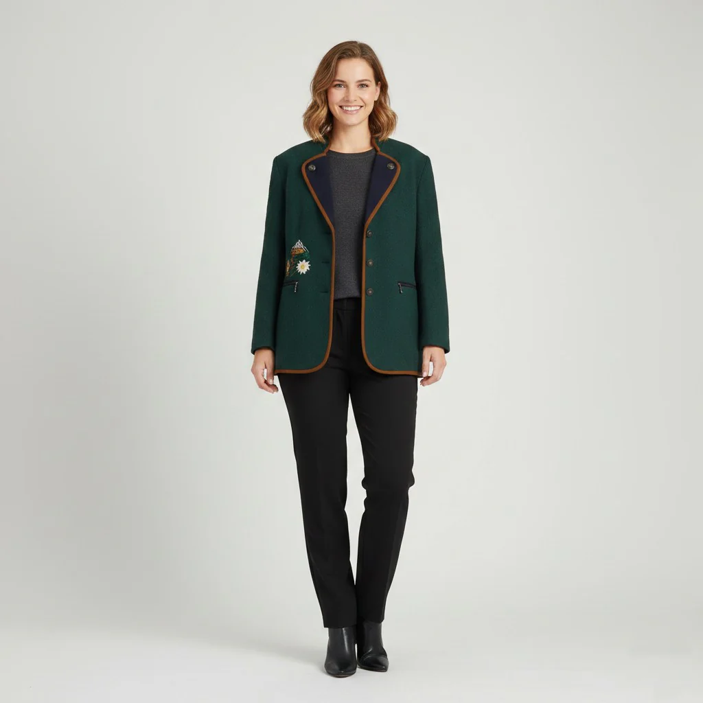 Vintage Woman L Jacket Green Bottoms Collar Embroidery Tyrol Trachten Top