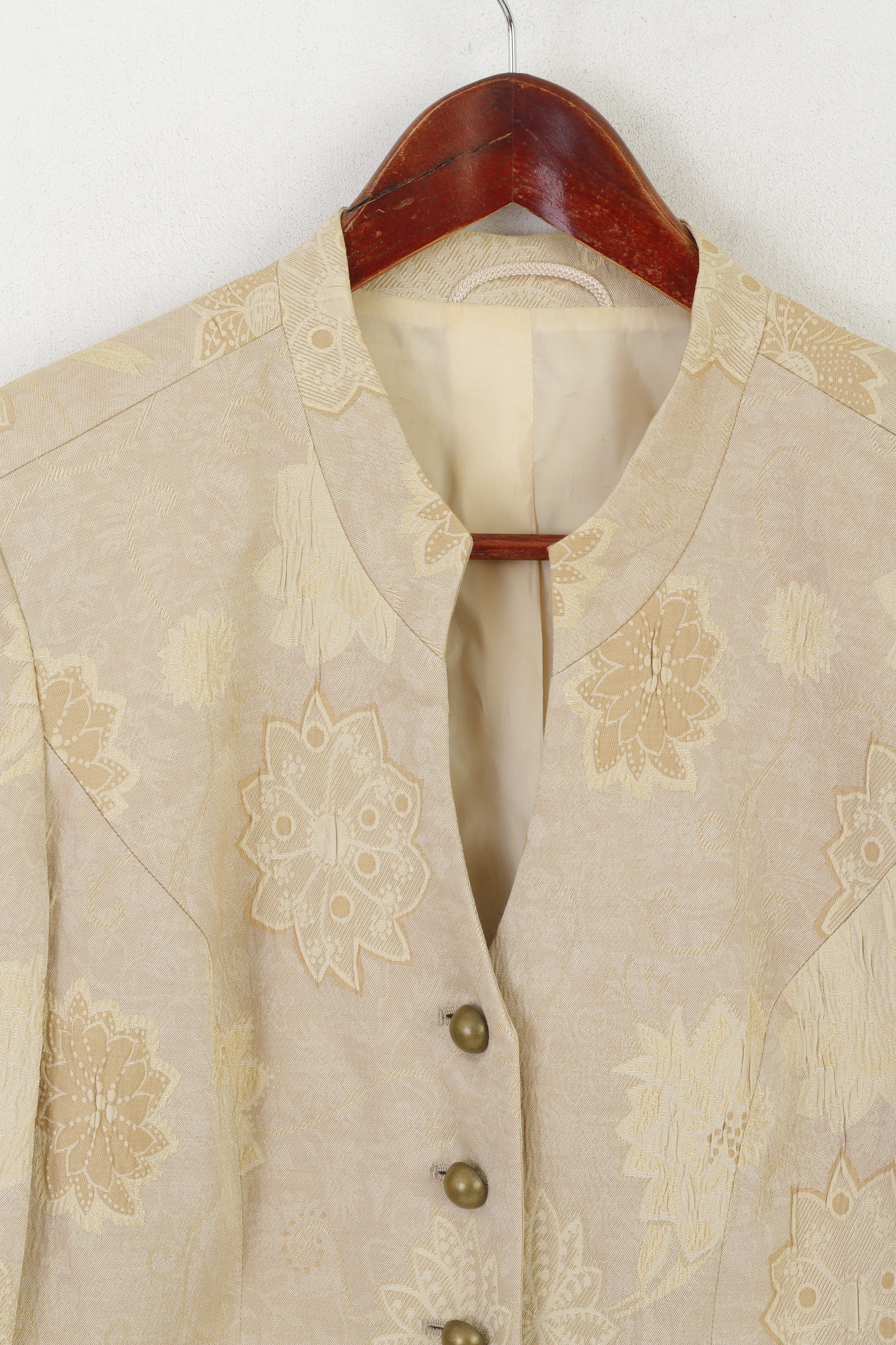 Vintage Women 12 38 Blazer Gold Floral Print Shiny Barocco Single Breasted Jacket - Image 2