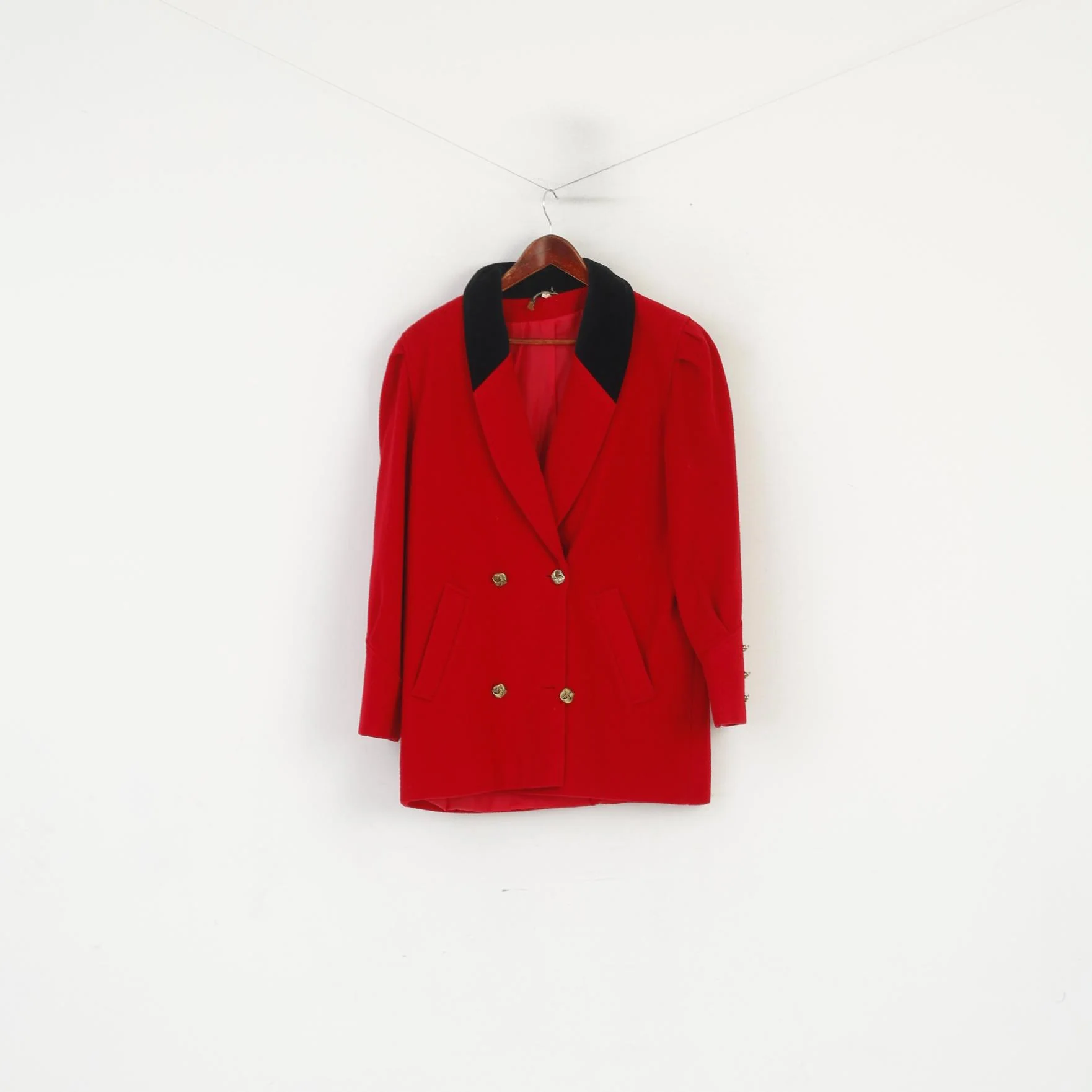 Vintage Women 14 L Jacket Red Pure Wool Double Breasted Gold Buttons Retro Coat - Image 2