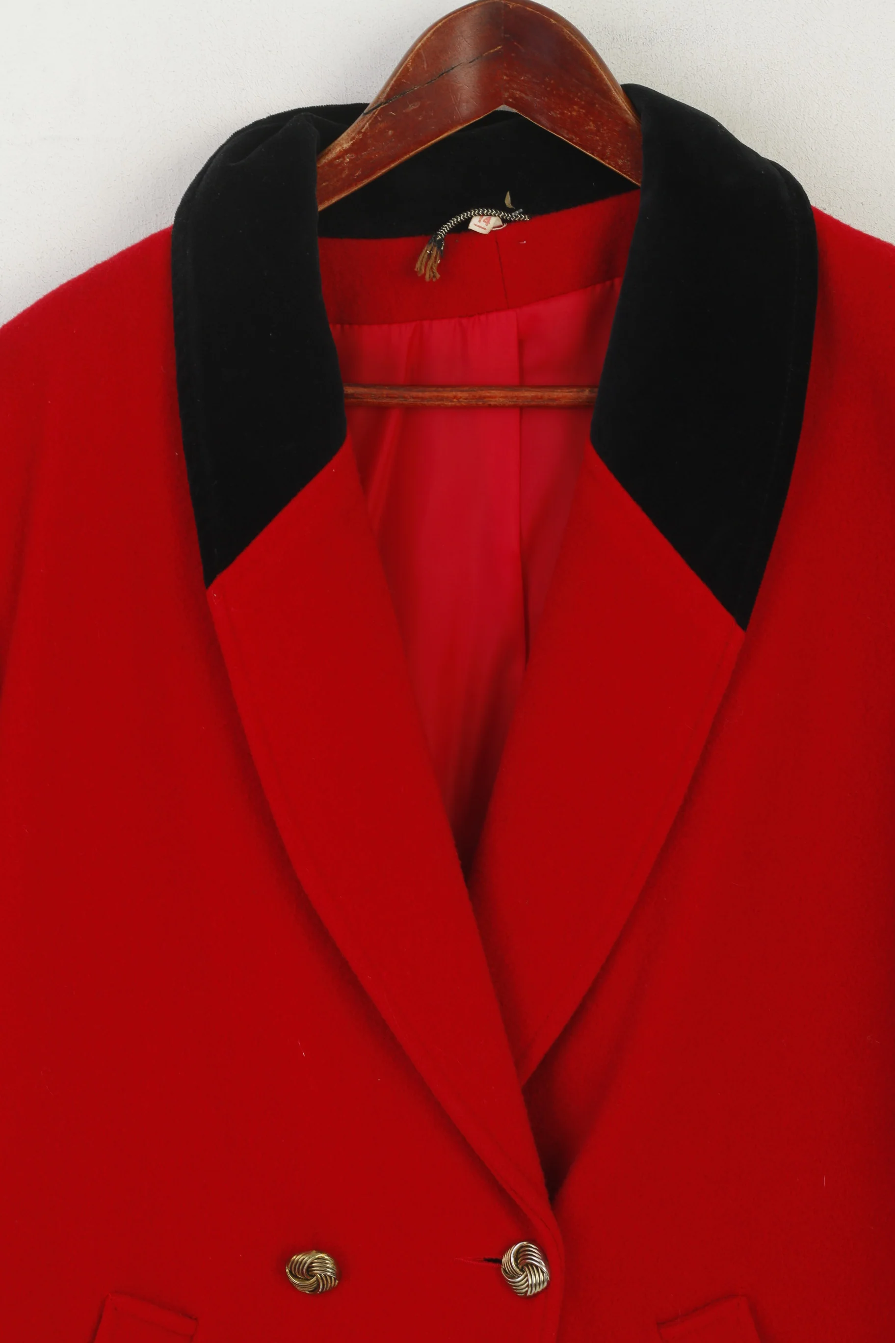Vintage Women 14 L Jacket Red Pure Wool Double Breasted Gold Buttons Retro Coat - Image 3