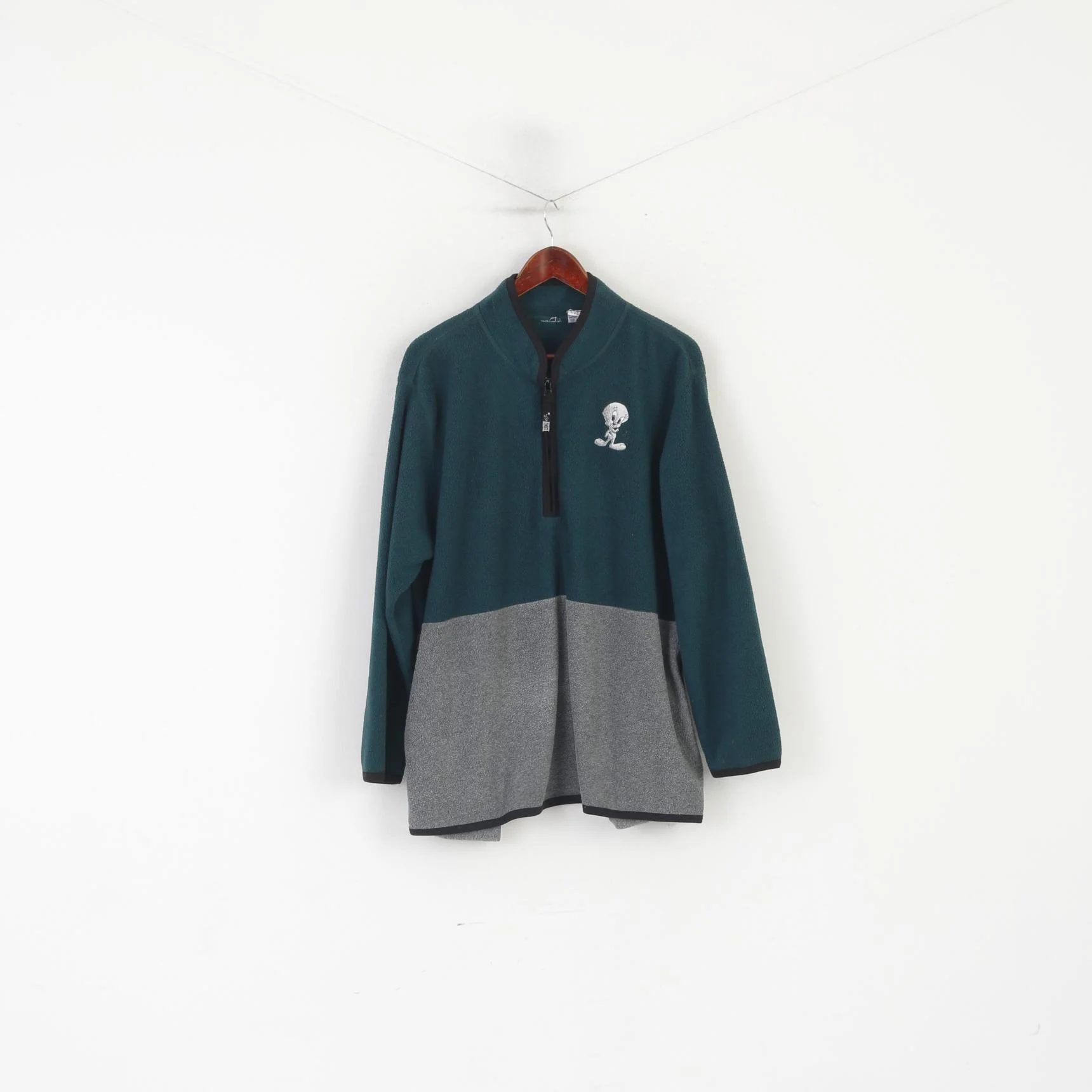 Vintage Women 18 20 Fleece Top Green Tweety Zip Neck Pullover Sweatshirt - Image 2