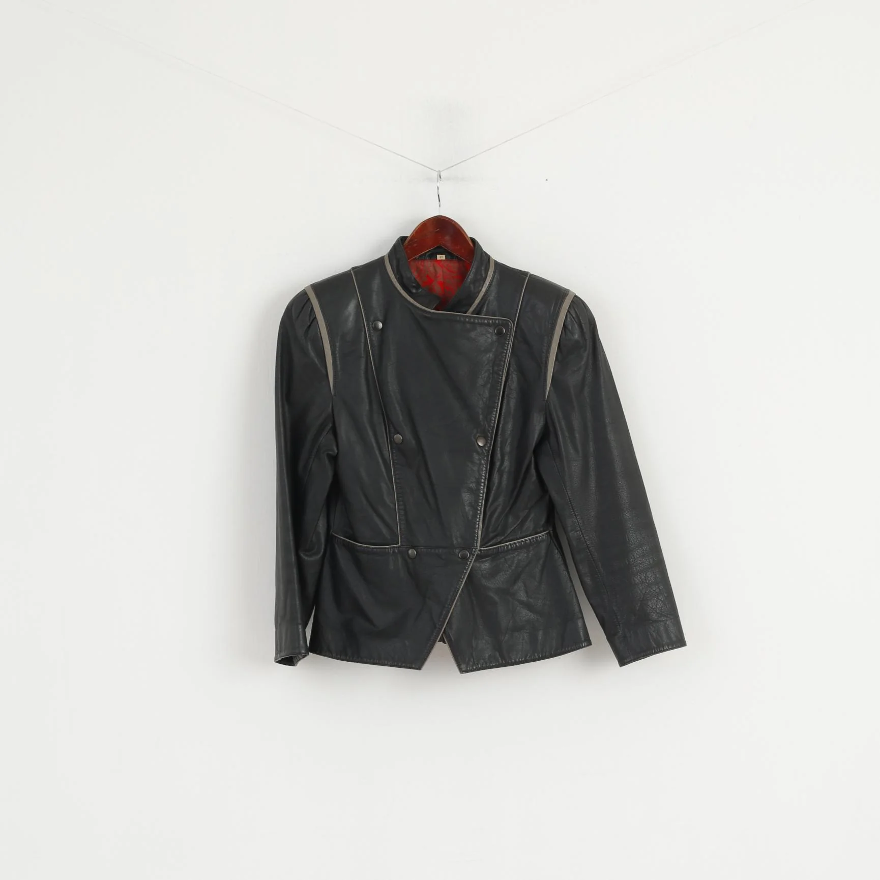 Vintage Women 38 S Jacket Black Leather Biker Ramones Shoulder Pads Top - Image 2