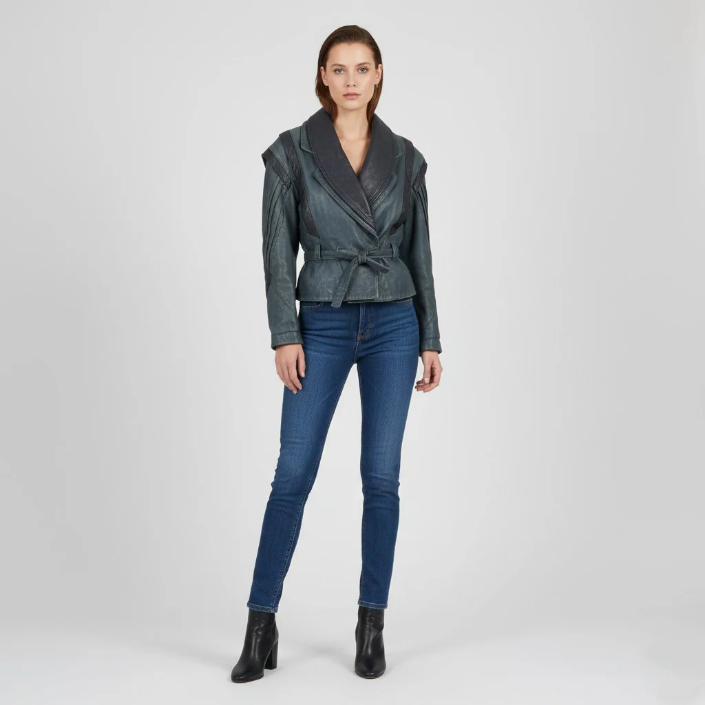 Vintage Women 40 M Jacket Blue Leather Shoulder Pads Retro Style Biker Belted Top