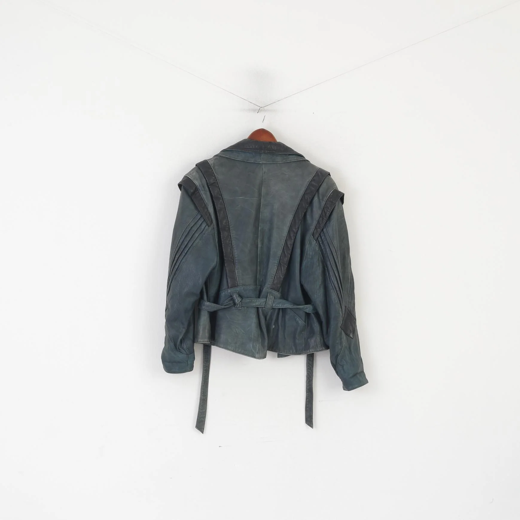 Vintage Women 40 M Jacket Blue Leather Shoulder Pads Retro Style Biker Belted Top - Image 10