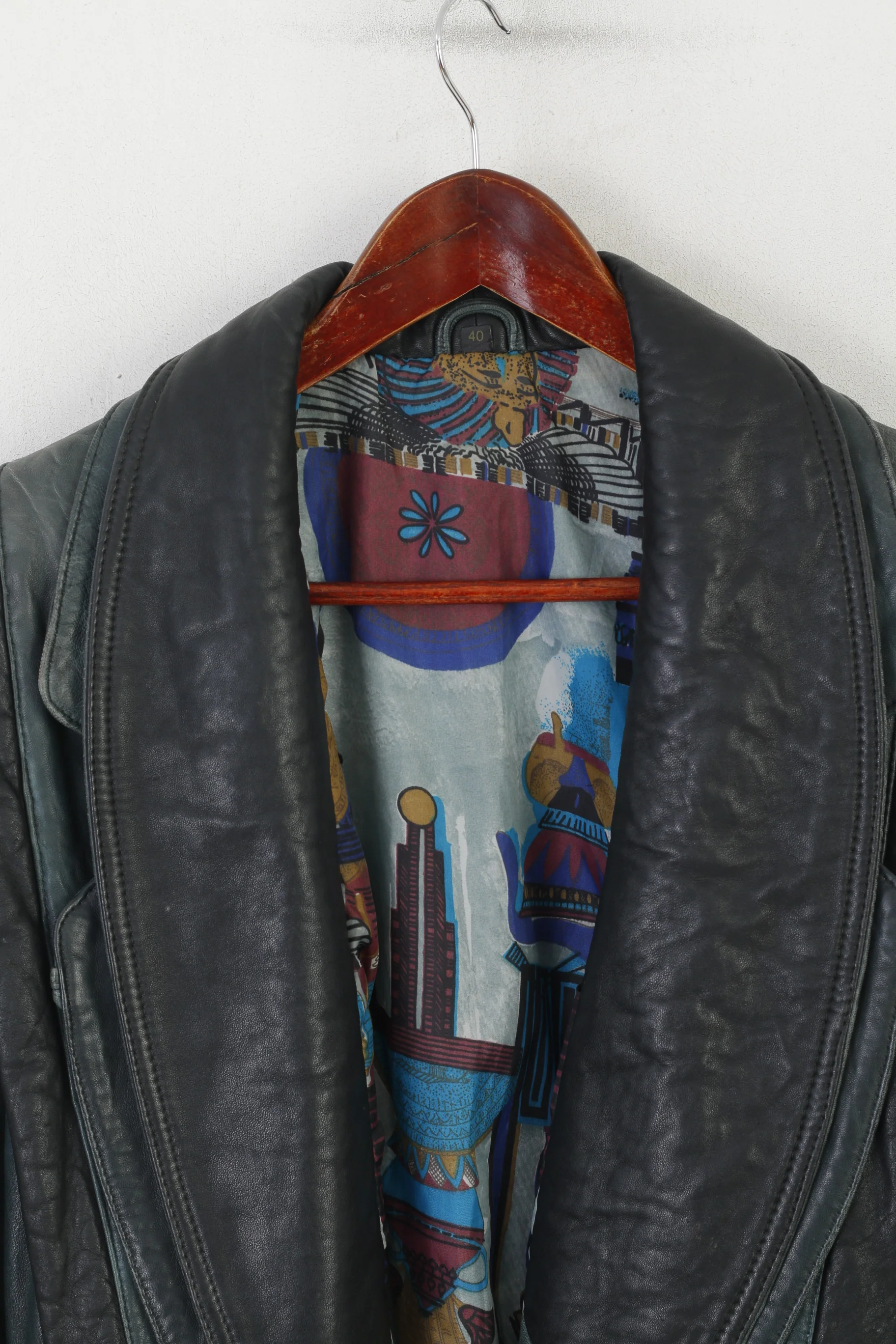 Vintage Women 40 M Jacket Blue Leather Shoulder Pads Retro Style Biker Belted Top - Image 3