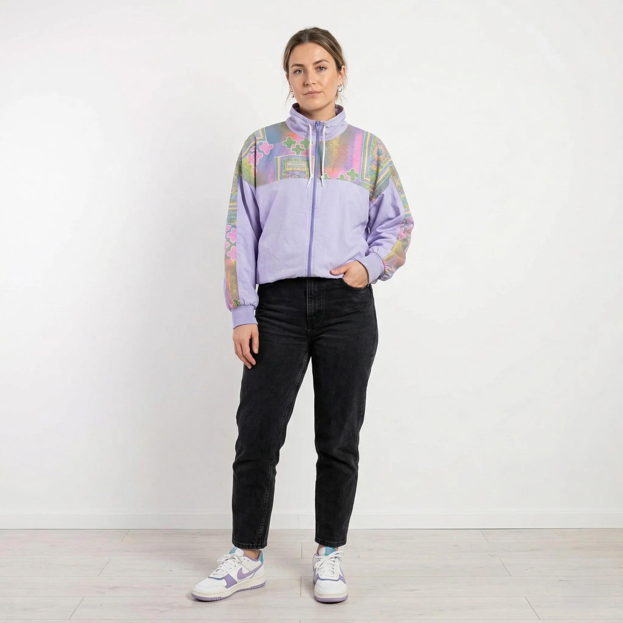 Vintage Women 44/46 L Bomber Jacket Violet Cotton Festival Full Zip Retro Top