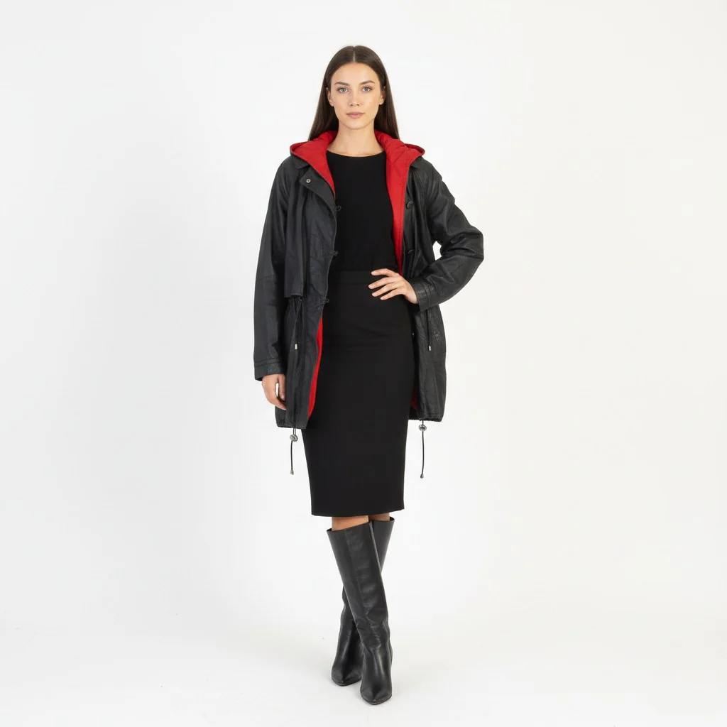 Vintage Women L Leather Jacket Black Red Hood Shoulder Pads Retro Style Parka