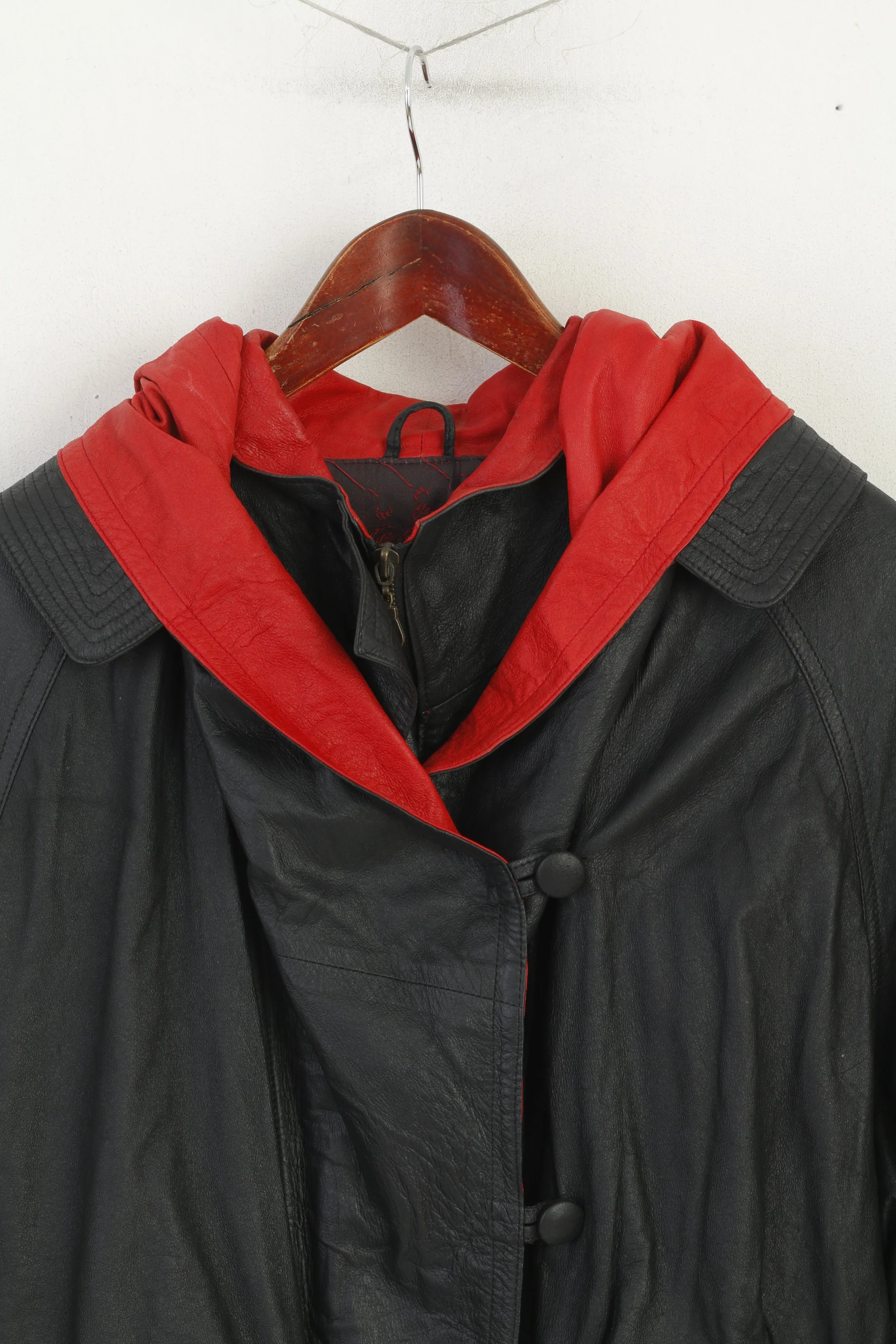 Vintage Women L Leather Jacket Black Red Hood Shoulder Pads Retro Style Parka - Image 3