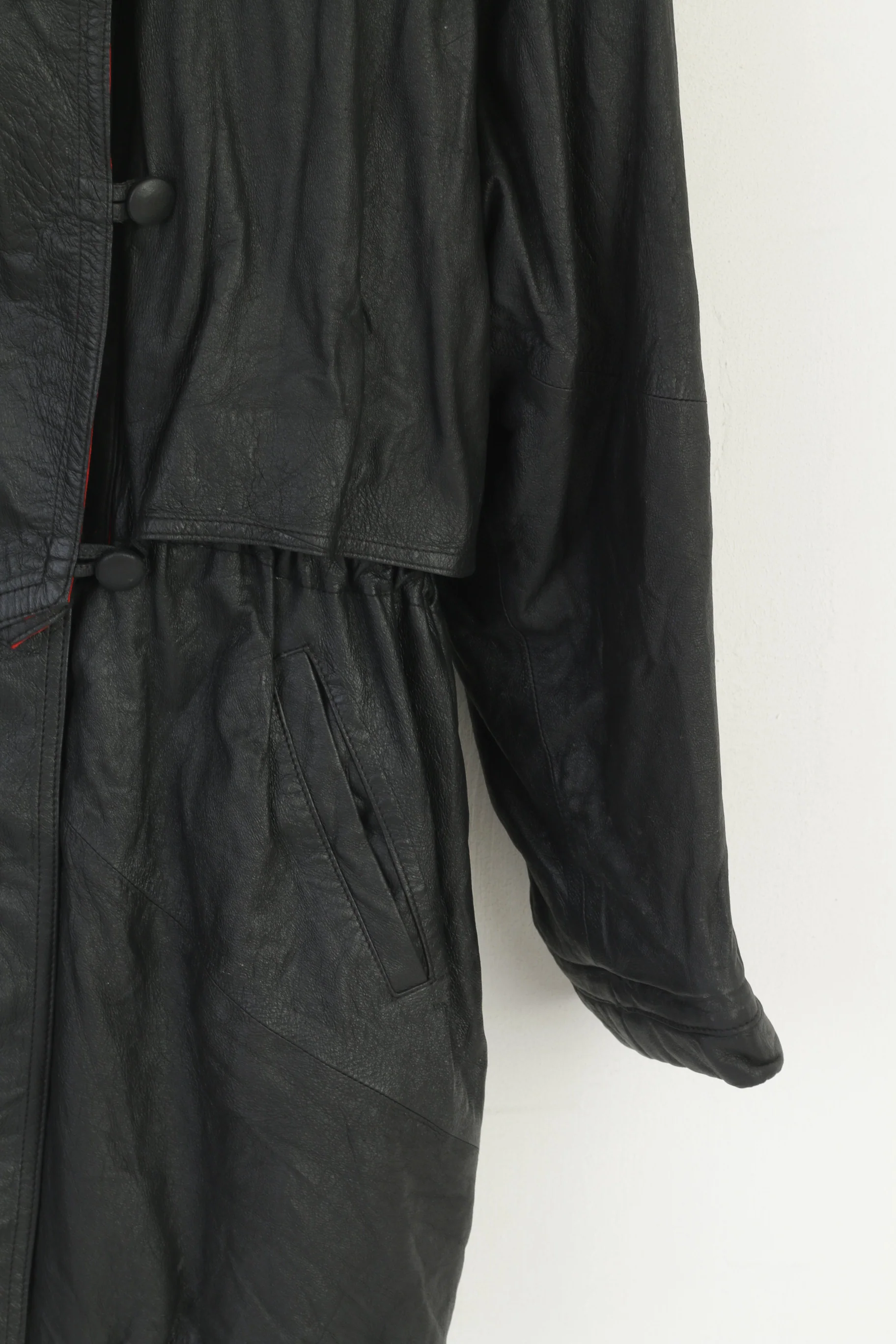 Vintage Women L Leather Jacket Black Red Hood Shoulder Pads Retro Style Parka - Image 4