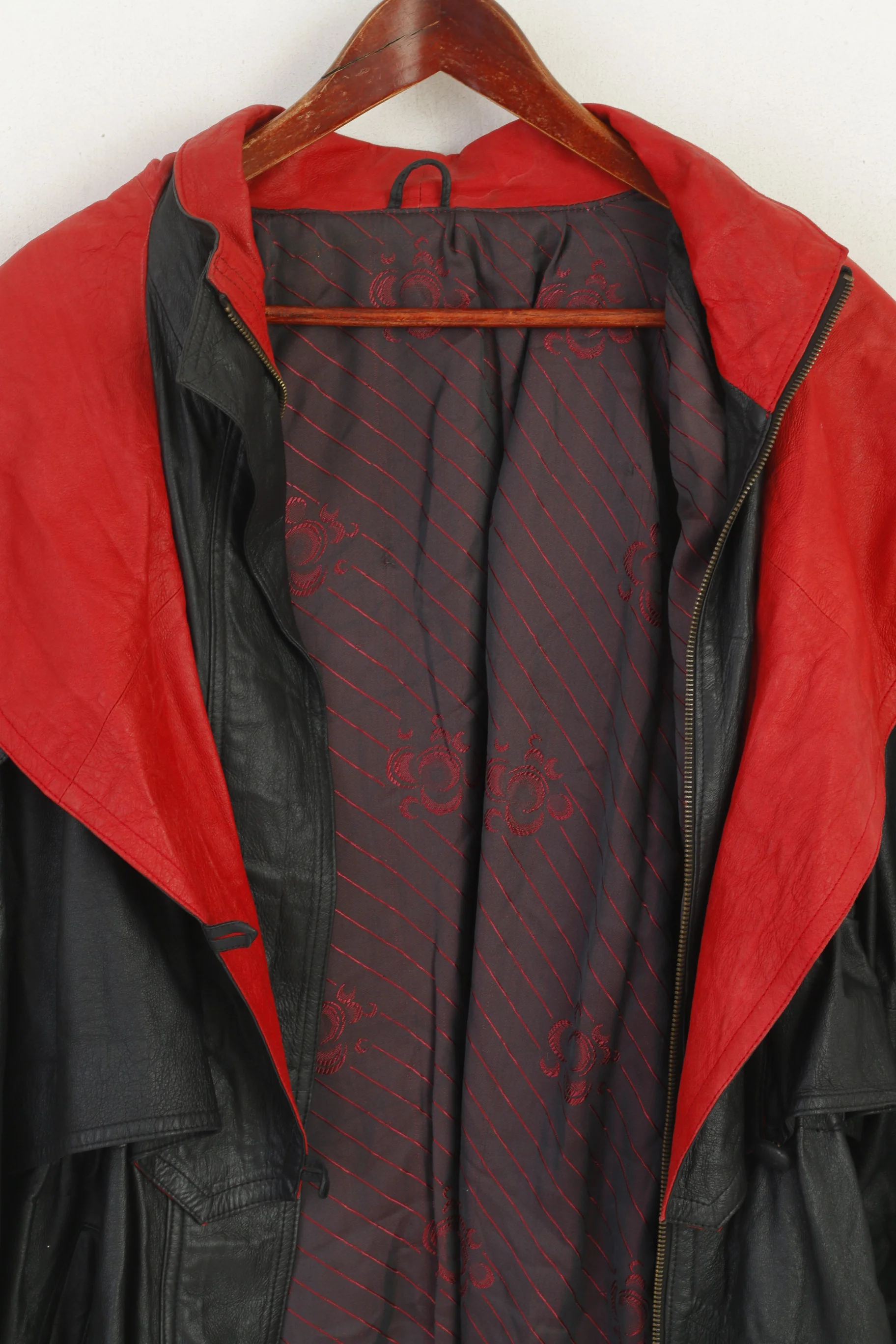 Vintage Women L Leather Jacket Black Red Hood Shoulder Pads Retro Style Parka - Image 6