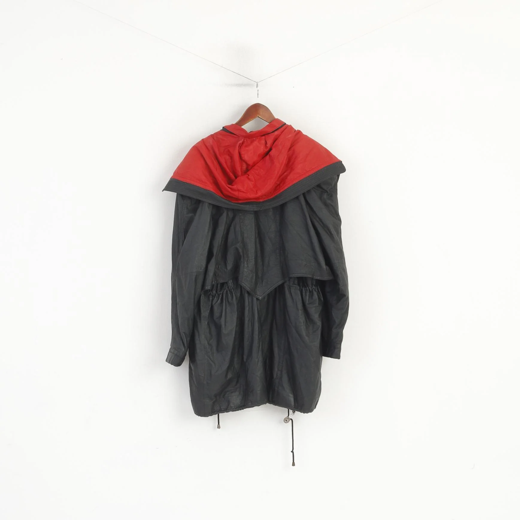 Vintage Women L Leather Jacket Black Red Hood Shoulder Pads Retro Style Parka - Image 7