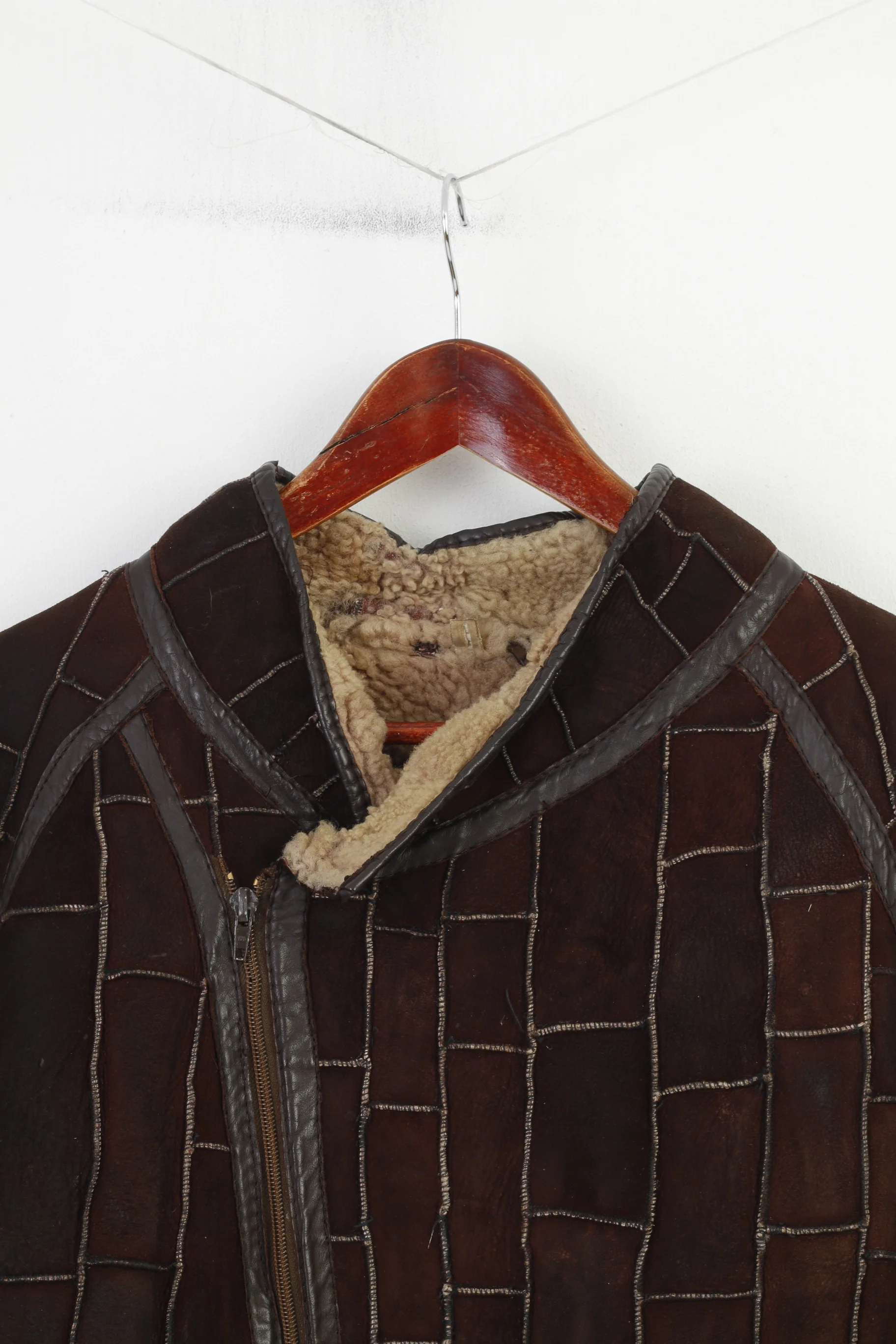 Vintage Women L Leather Jacket Brown  Sheep Fur Full Zipper Padded Top - Image 2