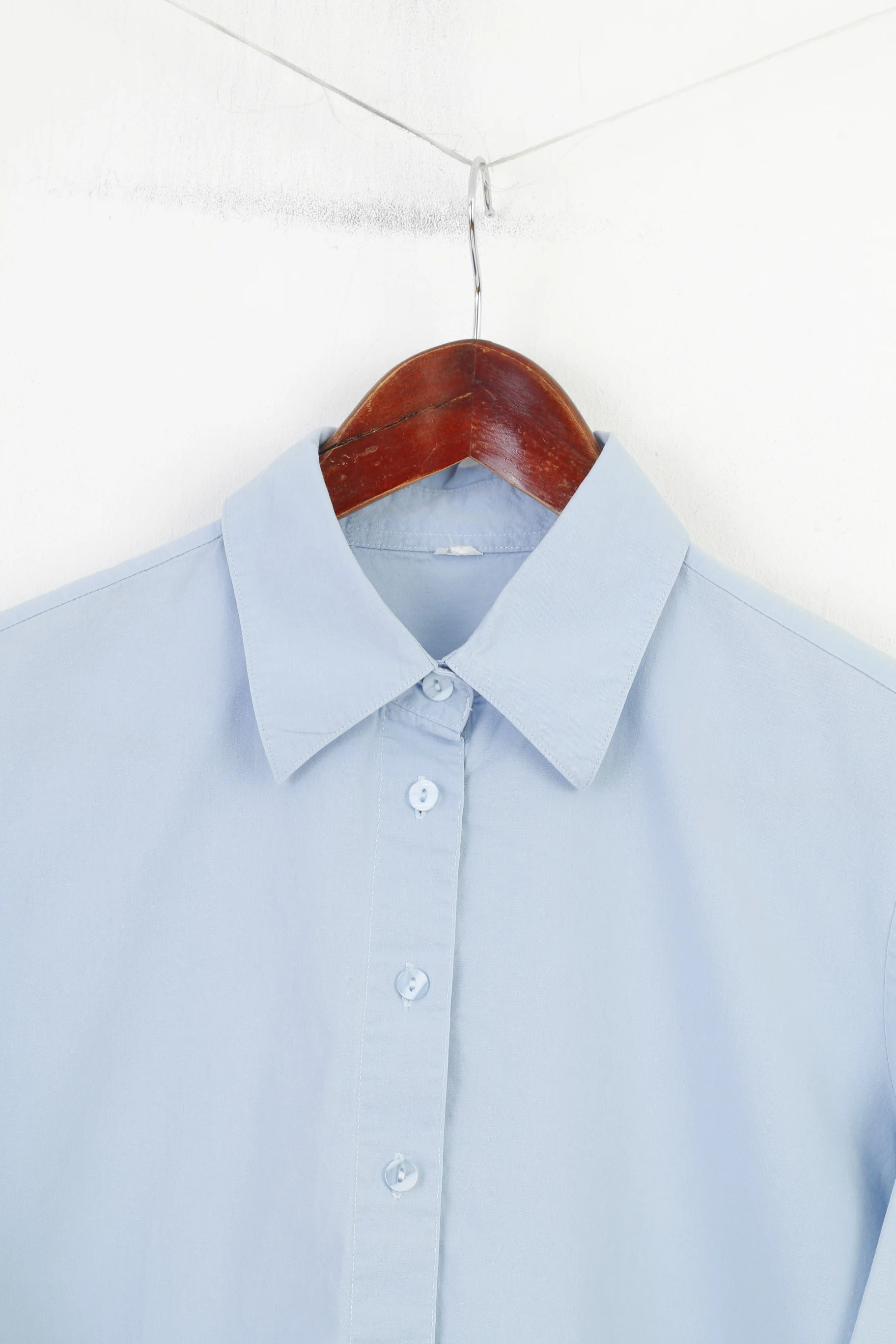 Vintage Women M Casual Shirt 7/8 Sleeve Blue Cotton Elegant Classic Bottoms Collar Top - Image 2
