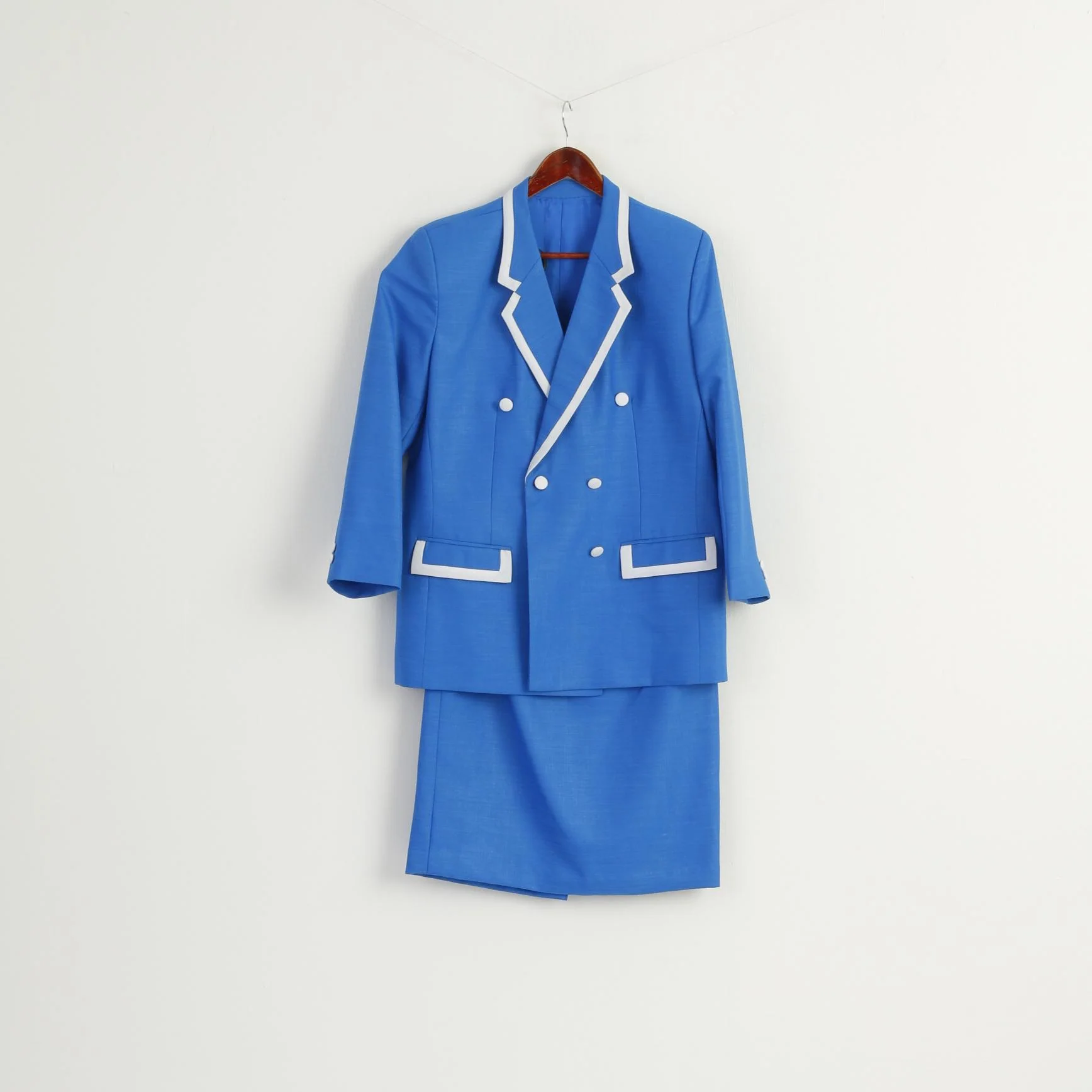 Vintage Women M Suit Blue Marine Jacket Skirt Set Elegant Hand Made - Image 2