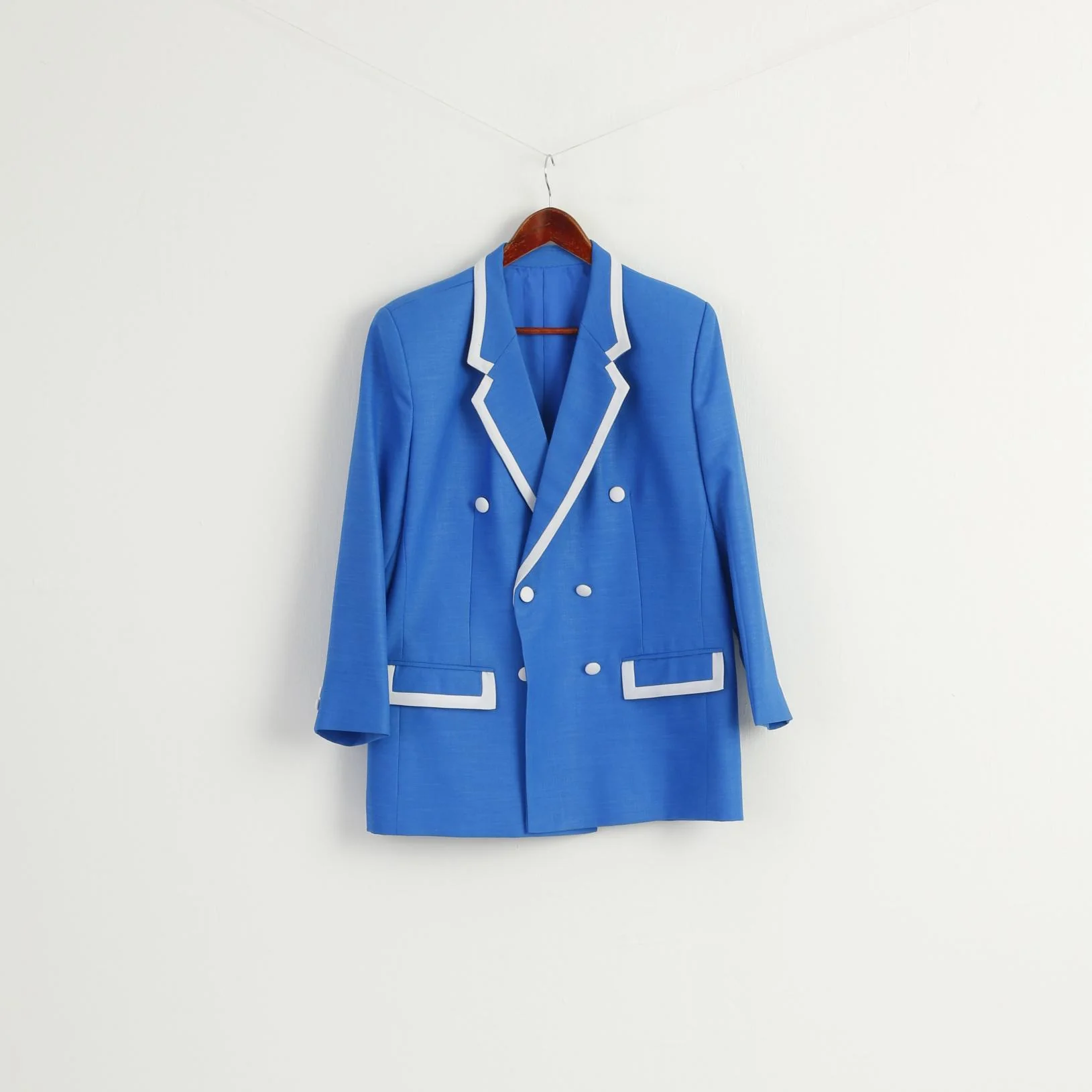 Vintage Women M Suit Blue Marine Jacket Skirt Set Elegant Hand Made - Image 3