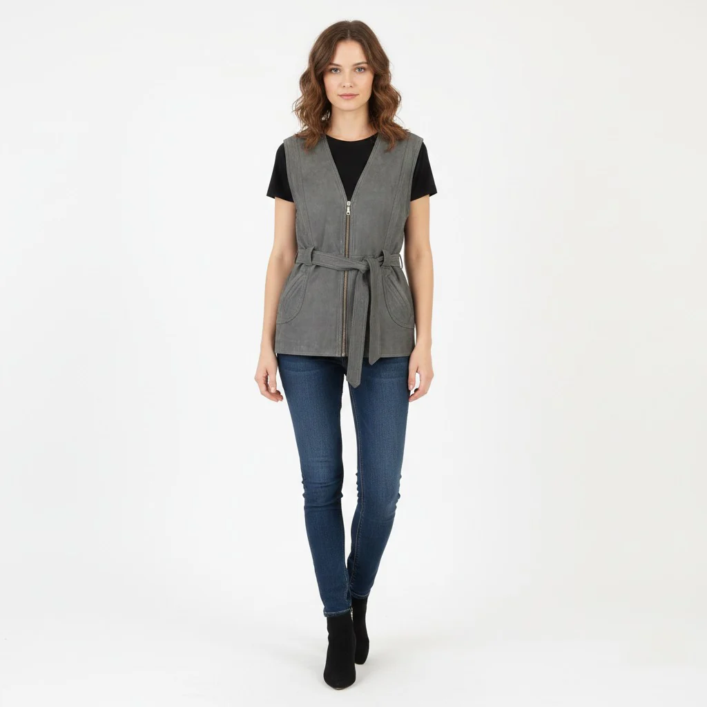 Vintage Women M Waistcoat Gray Leather Belted Retro Zip Up Biker Vest