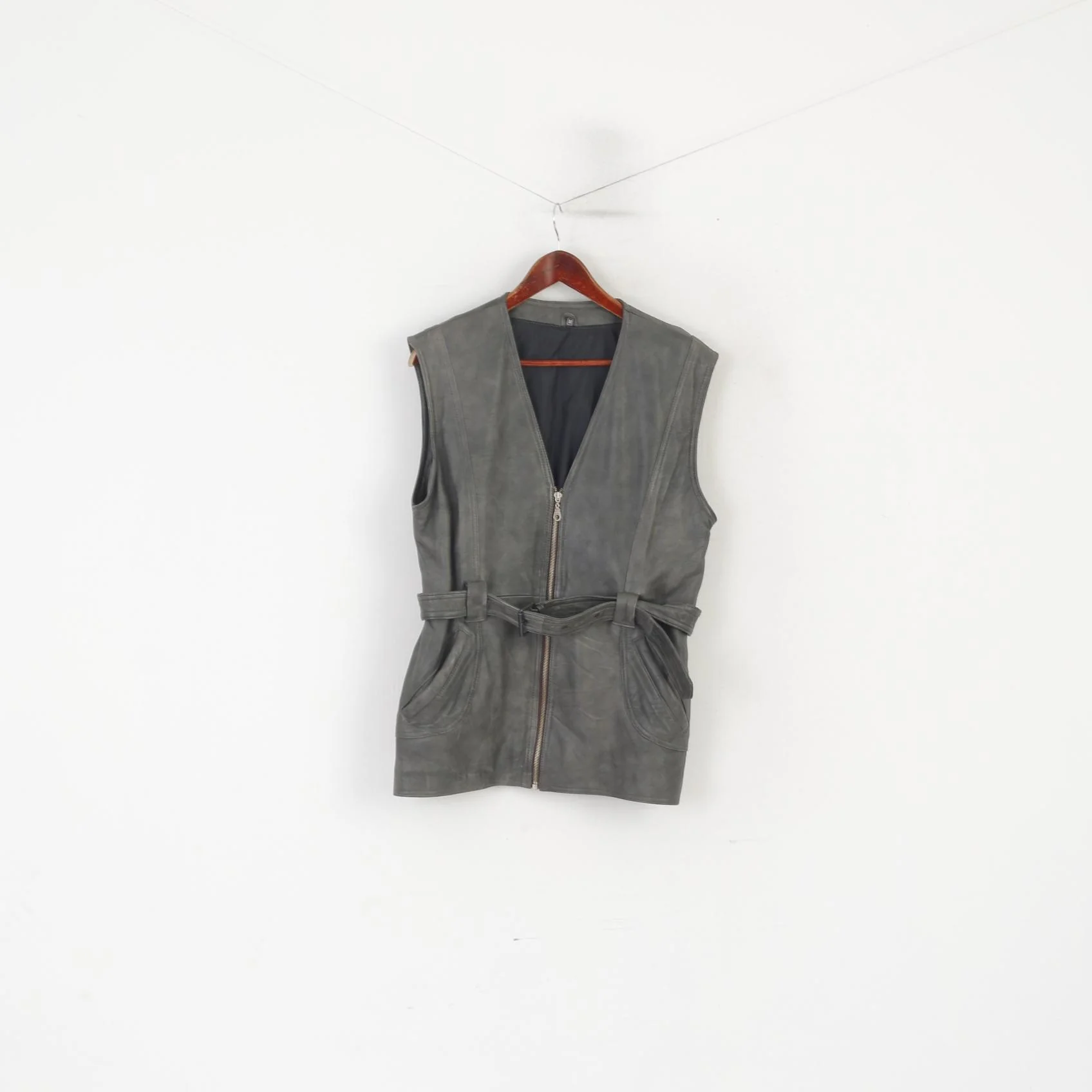Vintage Women M Waistcoat Gray Leather Belted Retro Zip Up Biker Vest - Image 2