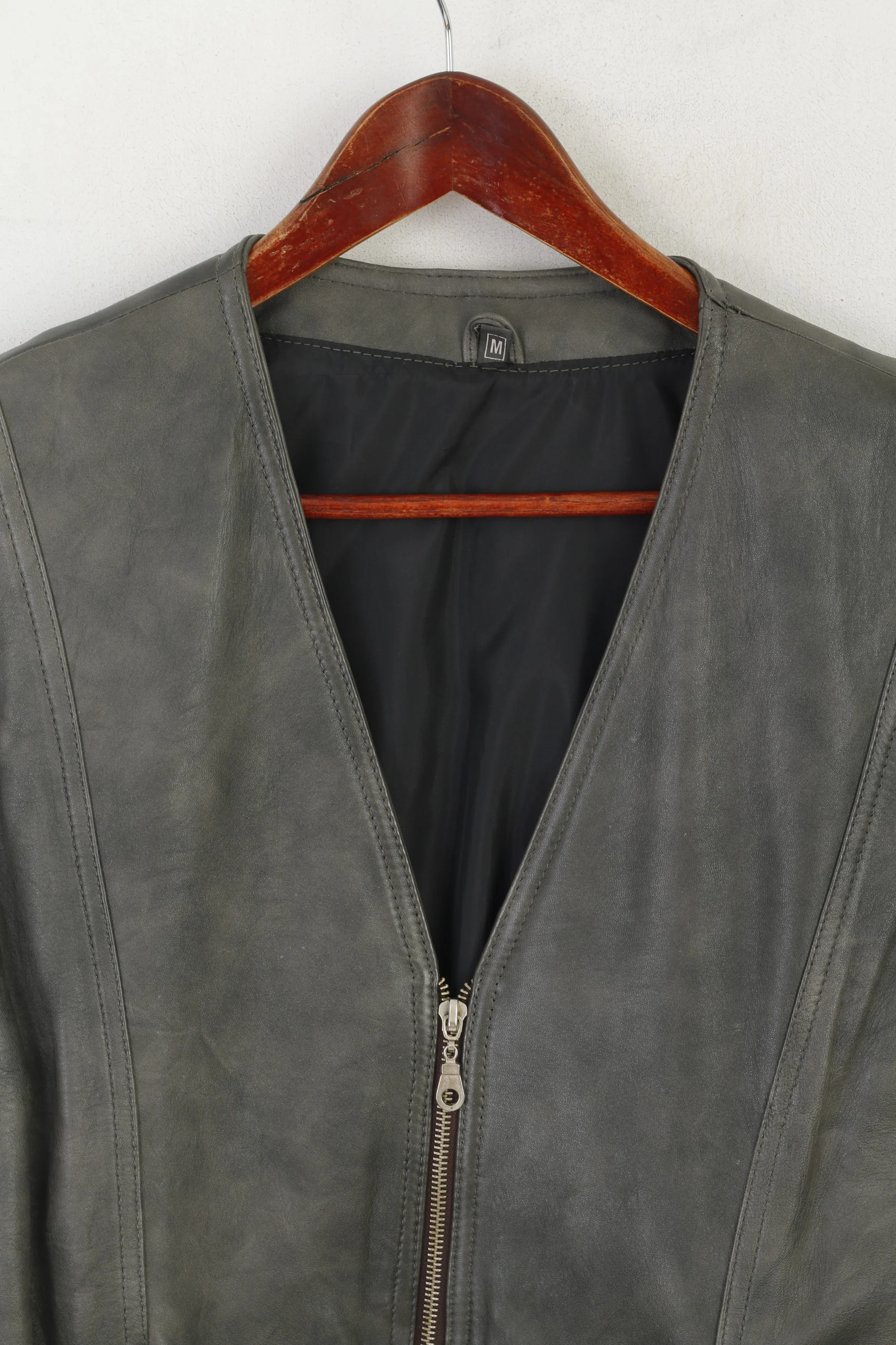 Vintage Women M Waistcoat Gray Leather Belted Retro Zip Up Biker Vest - Image 3