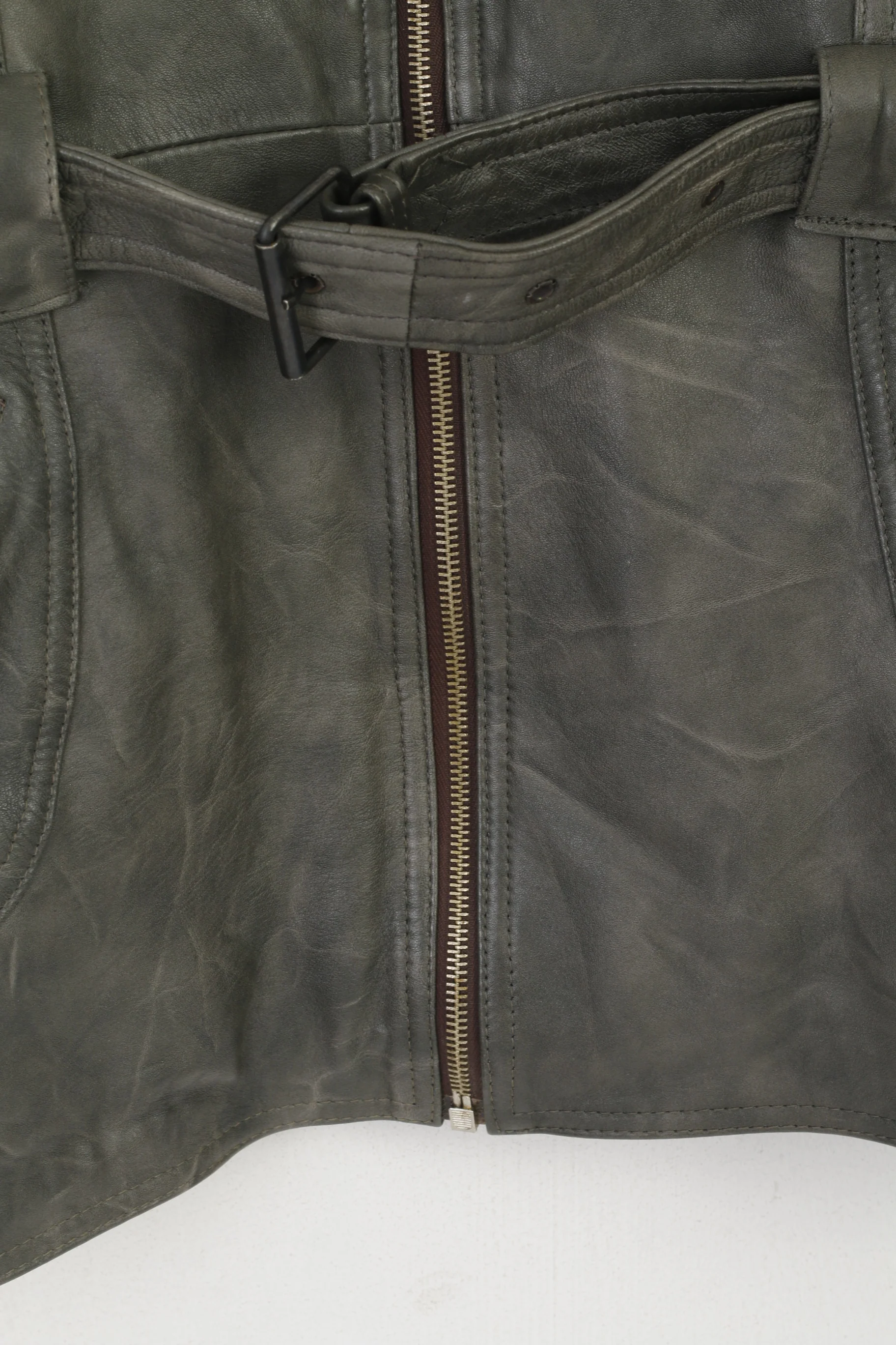 Vintage Women M Waistcoat Gray Leather Belted Retro Zip Up Biker Vest - Image 4