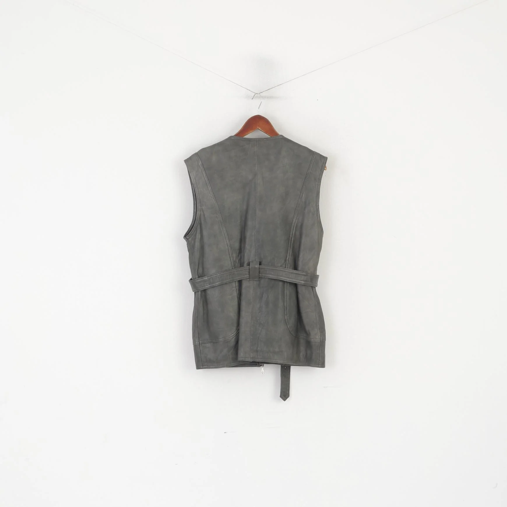 Vintage Women M Waistcoat Gray Leather Belted Retro Zip Up Biker Vest - Image 6