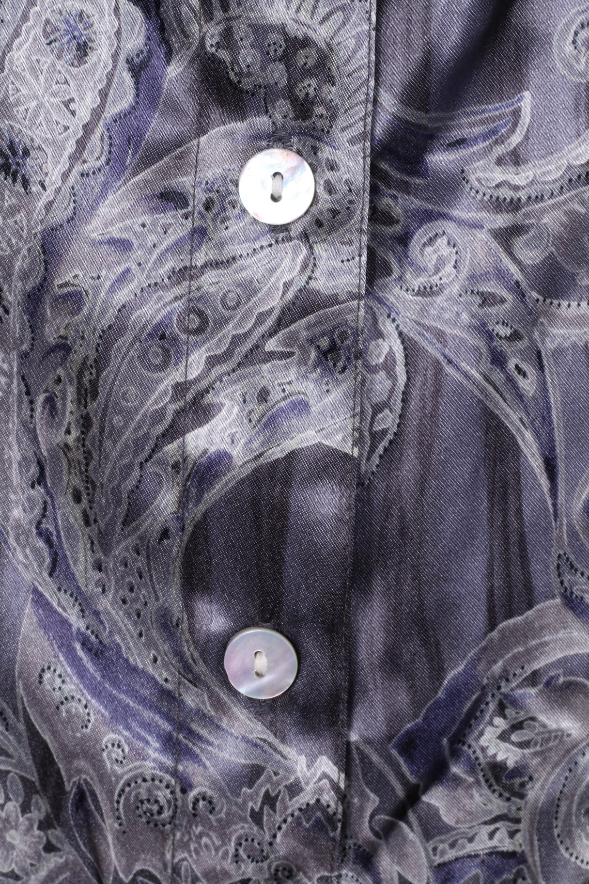 Vintage Women 12 38 Casual Shirt Gray Shiny Shoulder Pads Baroque Print Top - Image 3