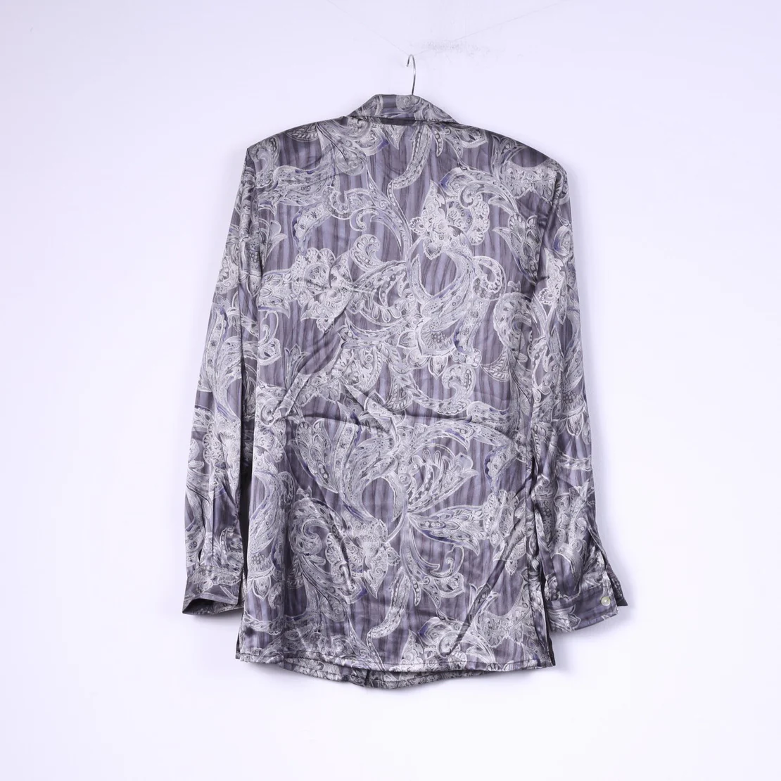 Vintage Women 12 38 Casual Shirt Gray Shiny Shoulder Pads Baroque Print Top - Image 7
