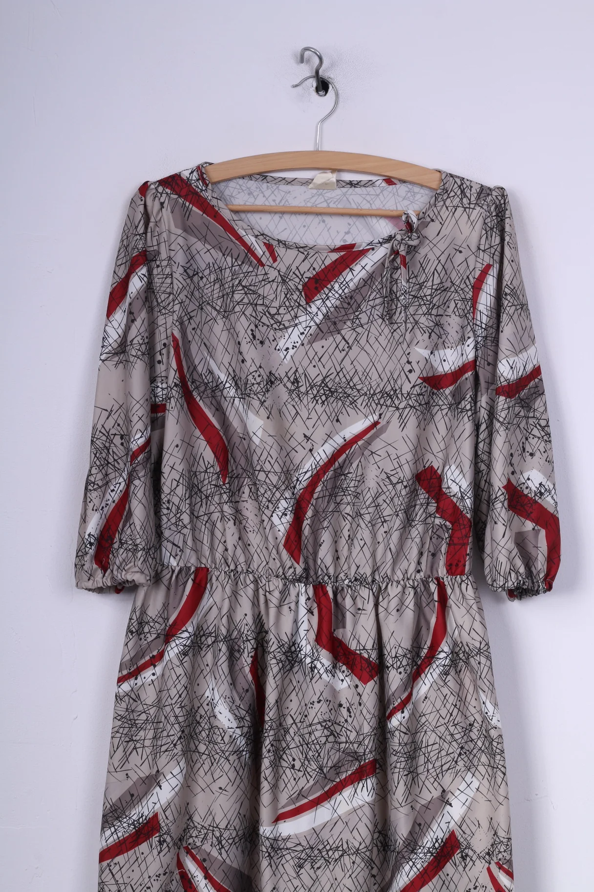 Vintage Womens L Midi Dress Abstract-Print Grey Crew Neck Short Sleeve - Image 2