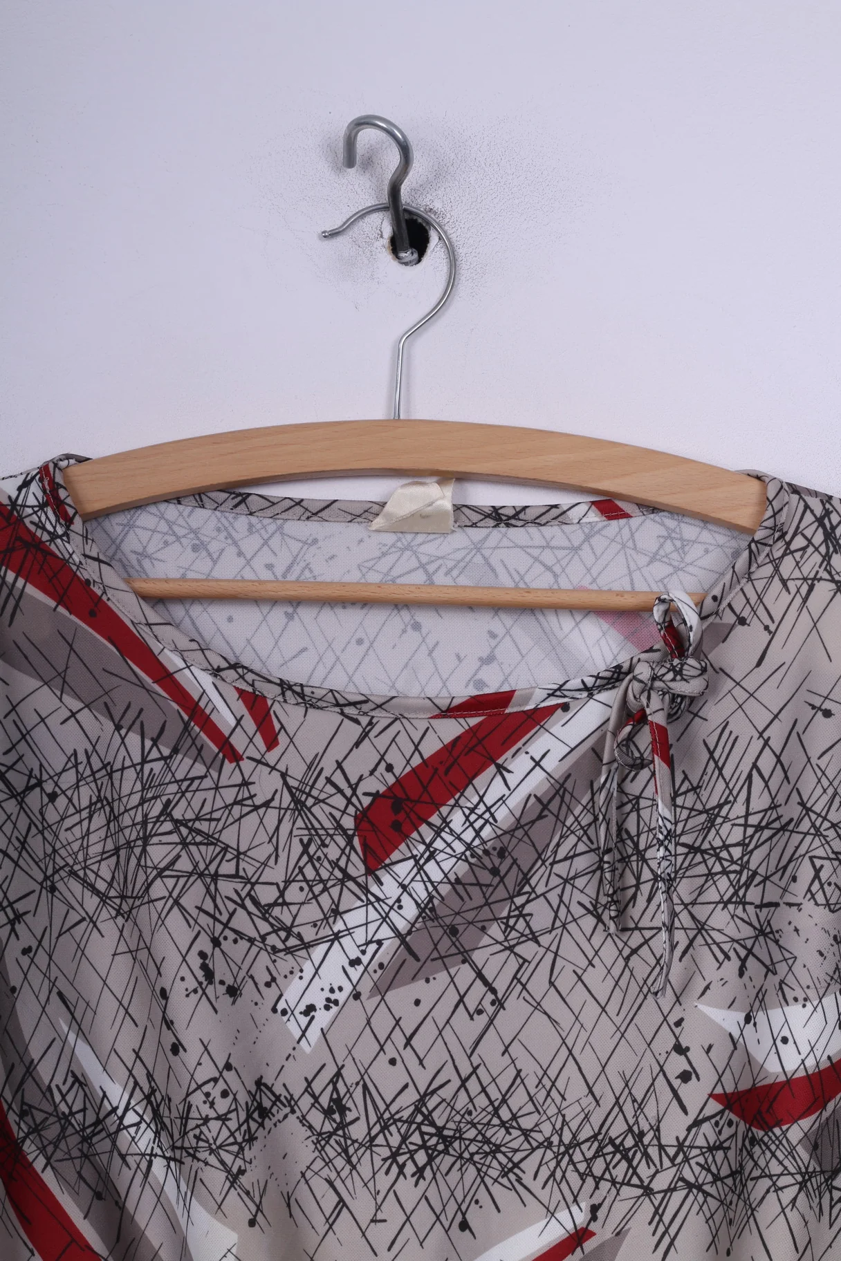 Vintage Womens L Midi Dress Abstract-Print Grey Crew Neck Short Sleeve - Image 3