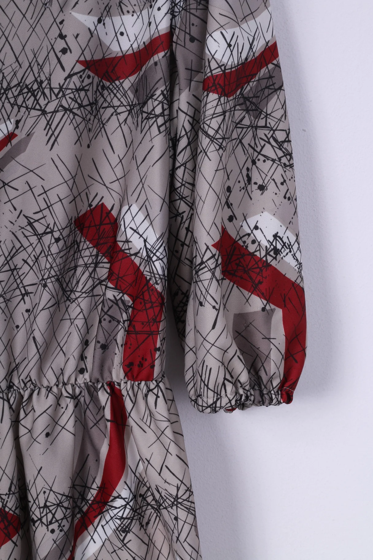 Vintage Womens L Midi Dress Abstract-Print Grey Crew Neck Short Sleeve - Image 4