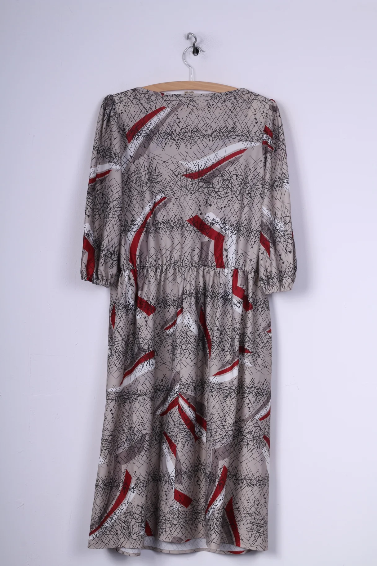Vintage Womens L Midi Dress Abstract-Print Grey Crew Neck Short Sleeve - Image 5