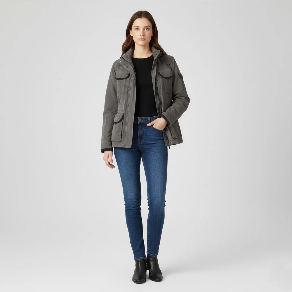 Wellensteyn Woman M Jacket Grey Shiny Detachable Hood Full Double Zipper Slippery Material Top