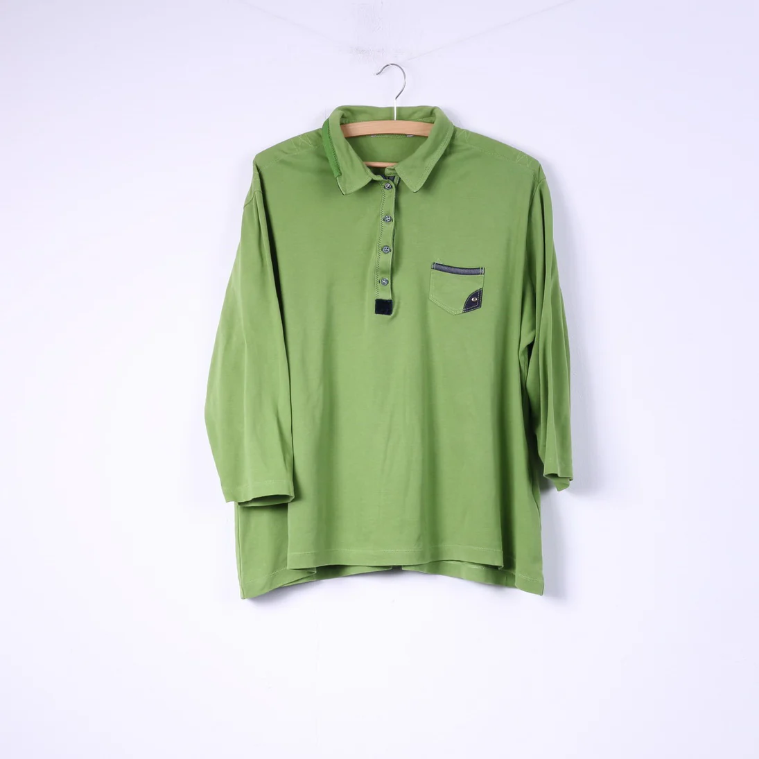 Womens 50 2XL Polo Shirt Green Buttons Detailed 7/8 Sleeve Top Cotton